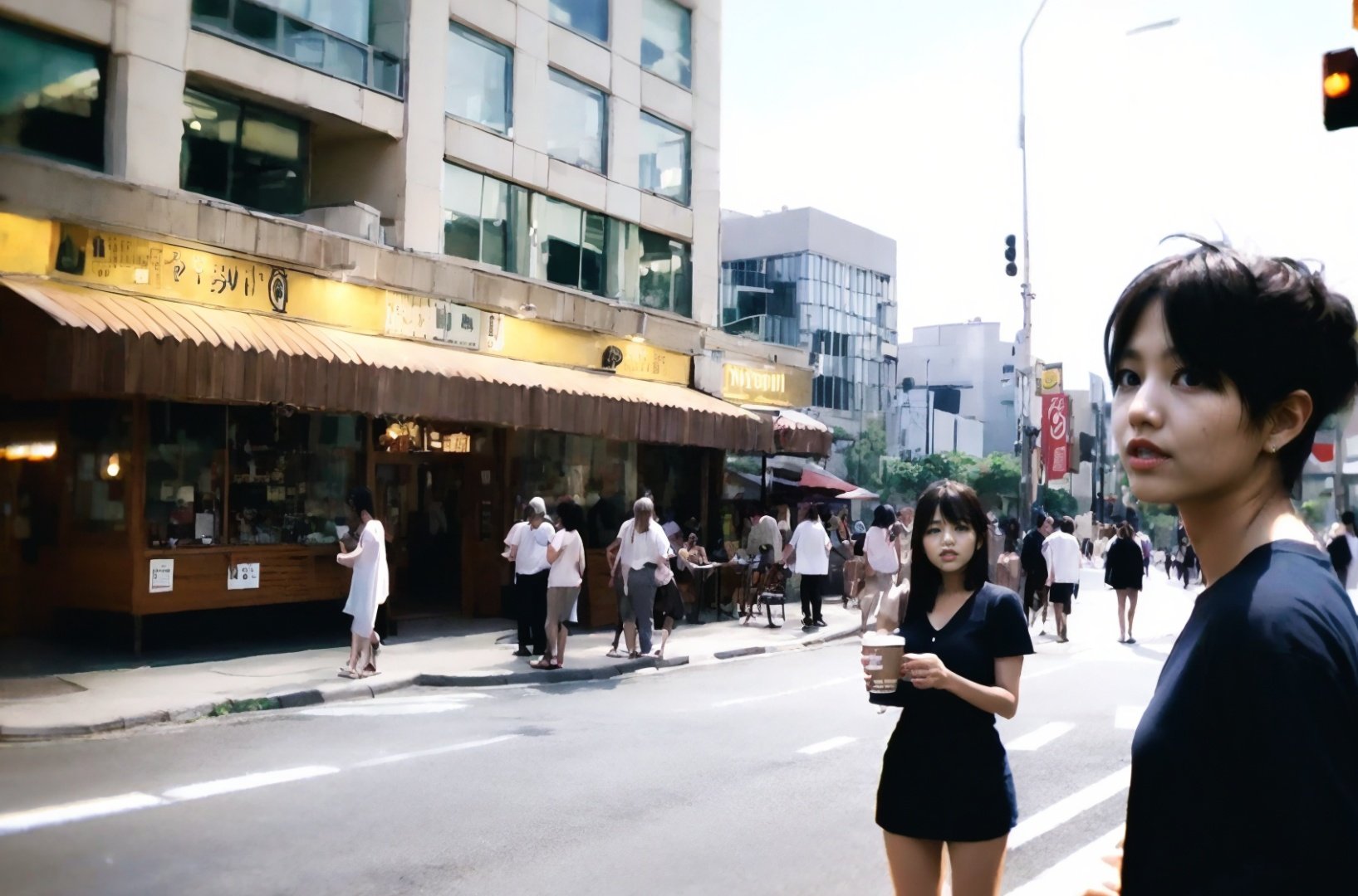 dibaohe, Cafe Street,summer,people, city background,tokyo,film grain, best quality, masterpiece, ((realistic)),Character photography，