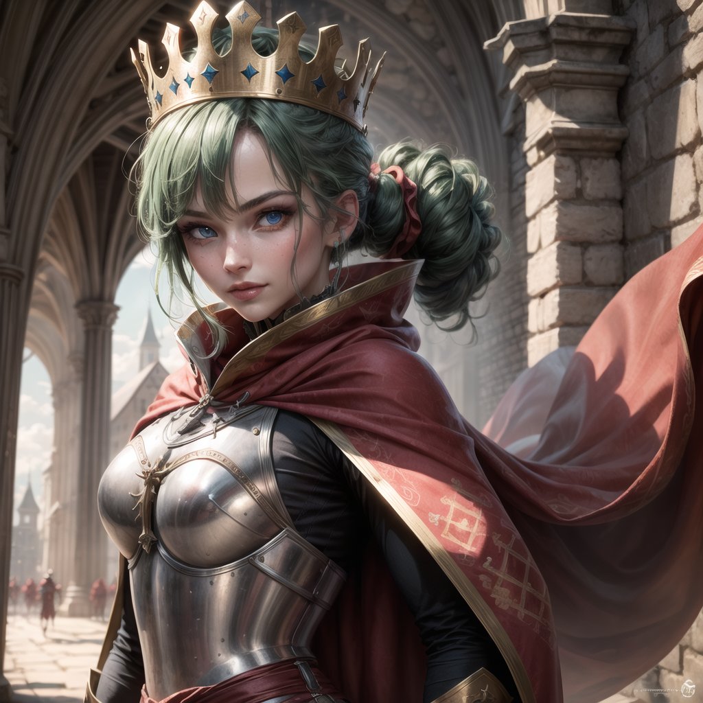 8k, (best quality, masterpiece:1.4), solo, sun light, ((upper body)), (medieval theme:1.4),
a queen woman, (blue eyes), (with ponytail green hair), long hair, eyes up, detailed face, evil grin, dynamic pose, glowing eyes,
BREAK,
warrior priest, (red cloth), heavy armor, cape, (golden crown),
medieval background, castle,
