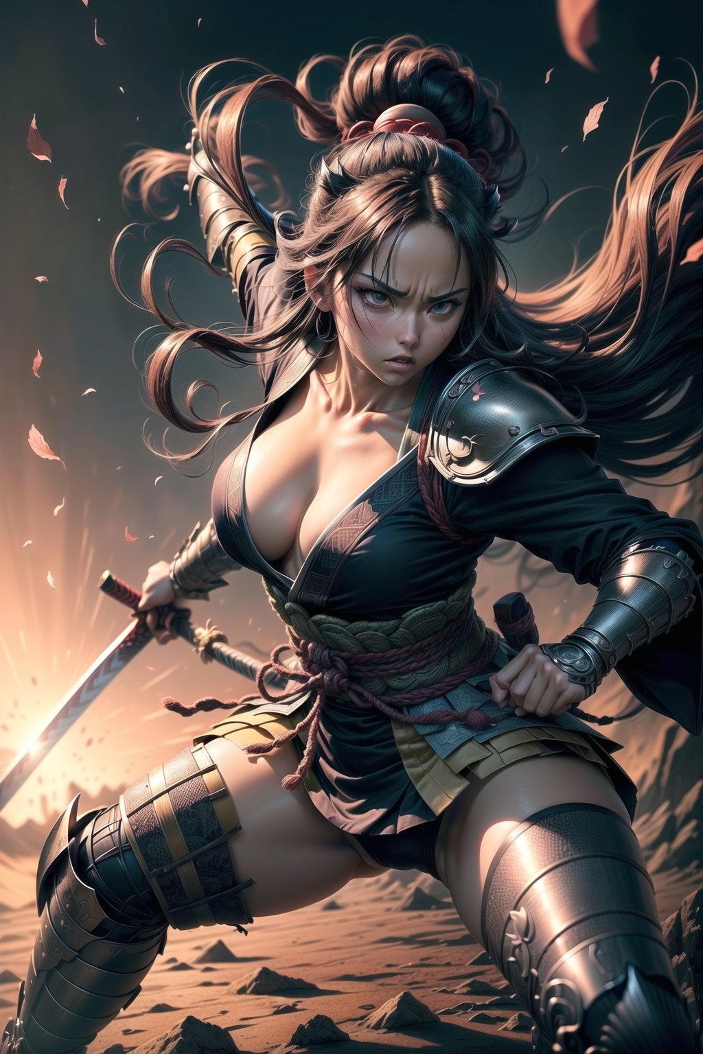((best quality)), ((masterpiece)), (detailed), fierce anime woman, wielding katana, battle-ready stance, intricate armor, flowing hair, (Japanese animation style:1.3), (Masashi Kishimoto:1.1), (Tite Kubo:1.1), intense gaze, dynamic background, vibrant colors, (action-packed composition:1.3), (8k resolution:1.2)
