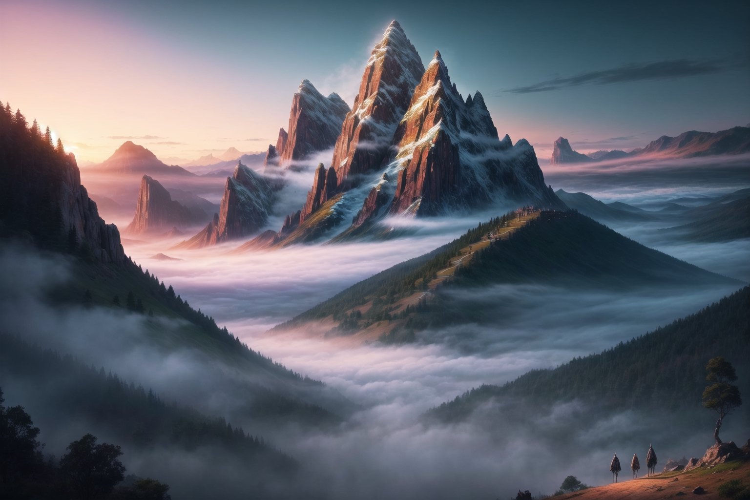 (masterpiece), (best quality), (incredible digital artwork), atmospheric scene inspired by a Peter Jackson fantasy movie, breathtaking landscape, towering mountains, lush forests, misty valleys, awe-inspiring structures, diverse and vibrant characters, engaging in a pivotal moment, dramatic lighting, vivid colors, intricate details, expertly capturing the essence of an epic cinematic experience 
