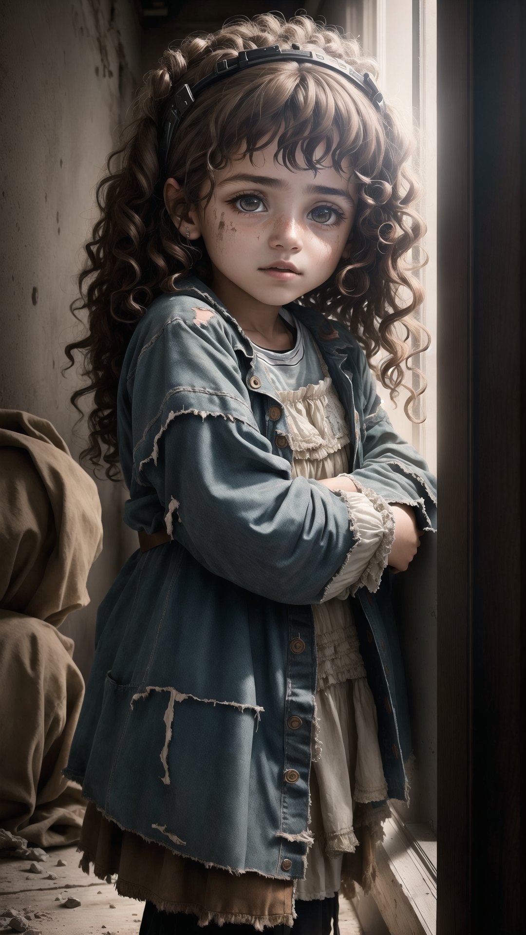 war photo of a little homeless girl ((wearing old, torn clothes, "hugging her little brother")), (shy), girl messy curly brown hair, very detailed face, beautiful eyes, [chubby], adorable, with rosy cheeks and bright sad eyes, beautiful, war environment destruction scene, (Rembrandt Lighting), zeiss lens, ultra realistic, (highly detailed skin: 1.2), 8k uhd, dslr, Dramatic Rim light, high quality , Fujifilm XT3, by panchovilla. 