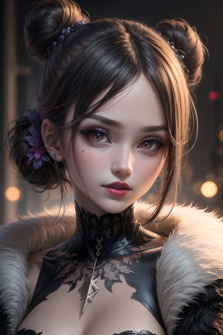 (masterpiece, best quality), 1girl, beautiful face,   lulu_ff10, red eyes, jewelry, mole, purple lipstick, hair bun, fur trim
