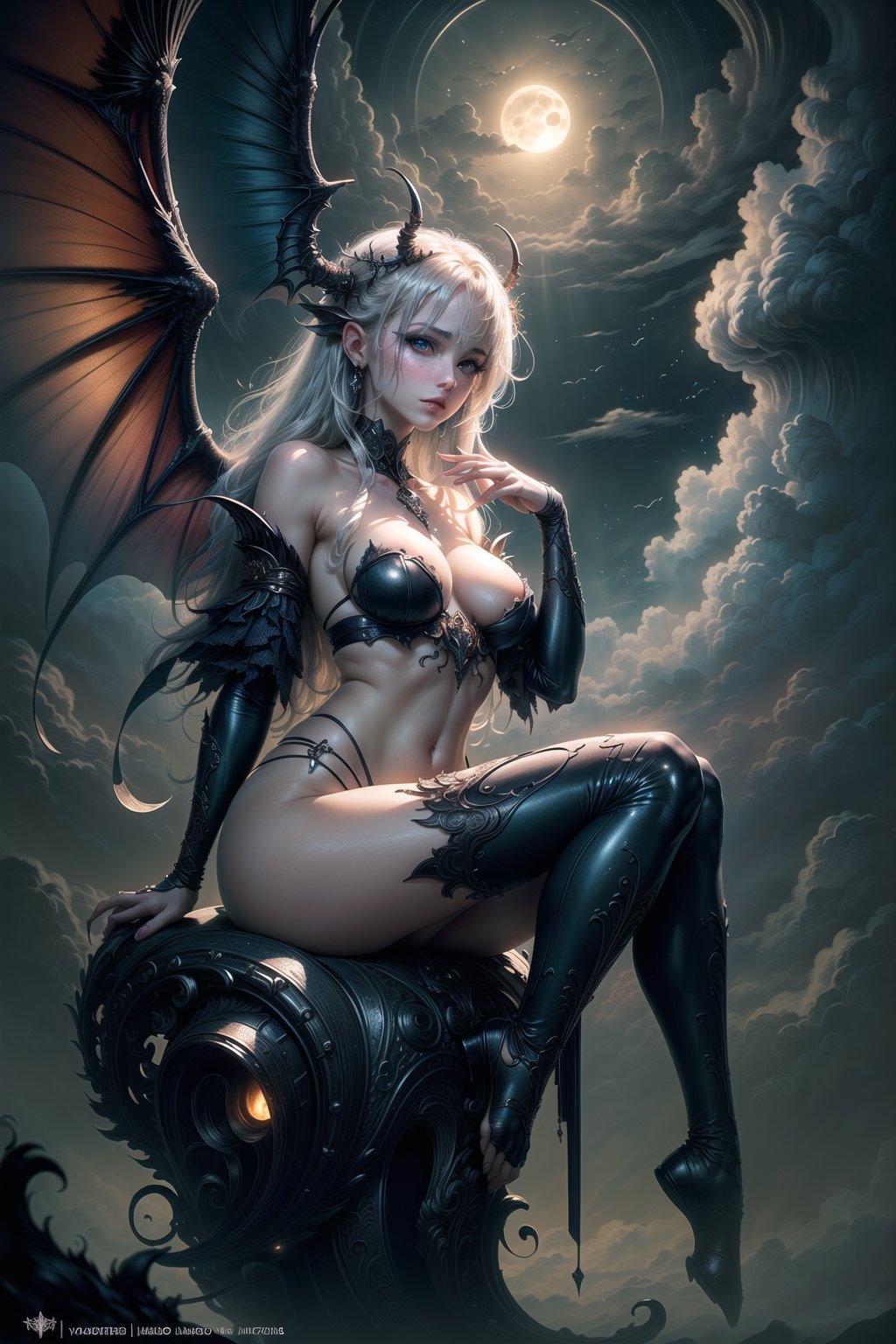 ((best quality)), ((masterpiece)), (detailed), alluring succubus, ethereal beauty, perched on a cloud, (fantasy illustration:1.3), enchanting gaze, captivating pose, delicate wings, otherworldly charm, mystical sky, (Luis Royo:1.2), (Yoshitaka Amano:1.1), moonlit night, soft colors, (detailed cloudscape:1.3), (high-resolution:1.2)
