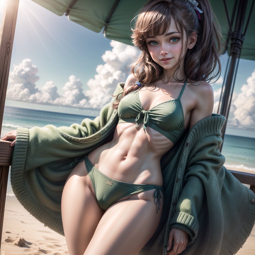 (8k, realistic, masterpiece, best quality:1.4), absurdres, portrait, close up, solo, 1girl, ddlcmonika, , blunt bangs, brown hair, (green eyes:1.5), long hair, ponytail, ribbon, white ribbon, hair ribbon, sidelocks, (groin, bare shoulders, collarbone, midriff, navel, small breasts, thighs:1.2), sea cardigan, bikini, , (looking at viewer, obsessed, from below:1.2), (standing, erotic pose:1.2), (sweatdrops, wet body:1.1), (cute face, blush, smile:1.2), (outdoors, beach, ocean, sunlight:1.2), (highly detailed eyes, highly detailed face, highly detailed skin:1.2),
