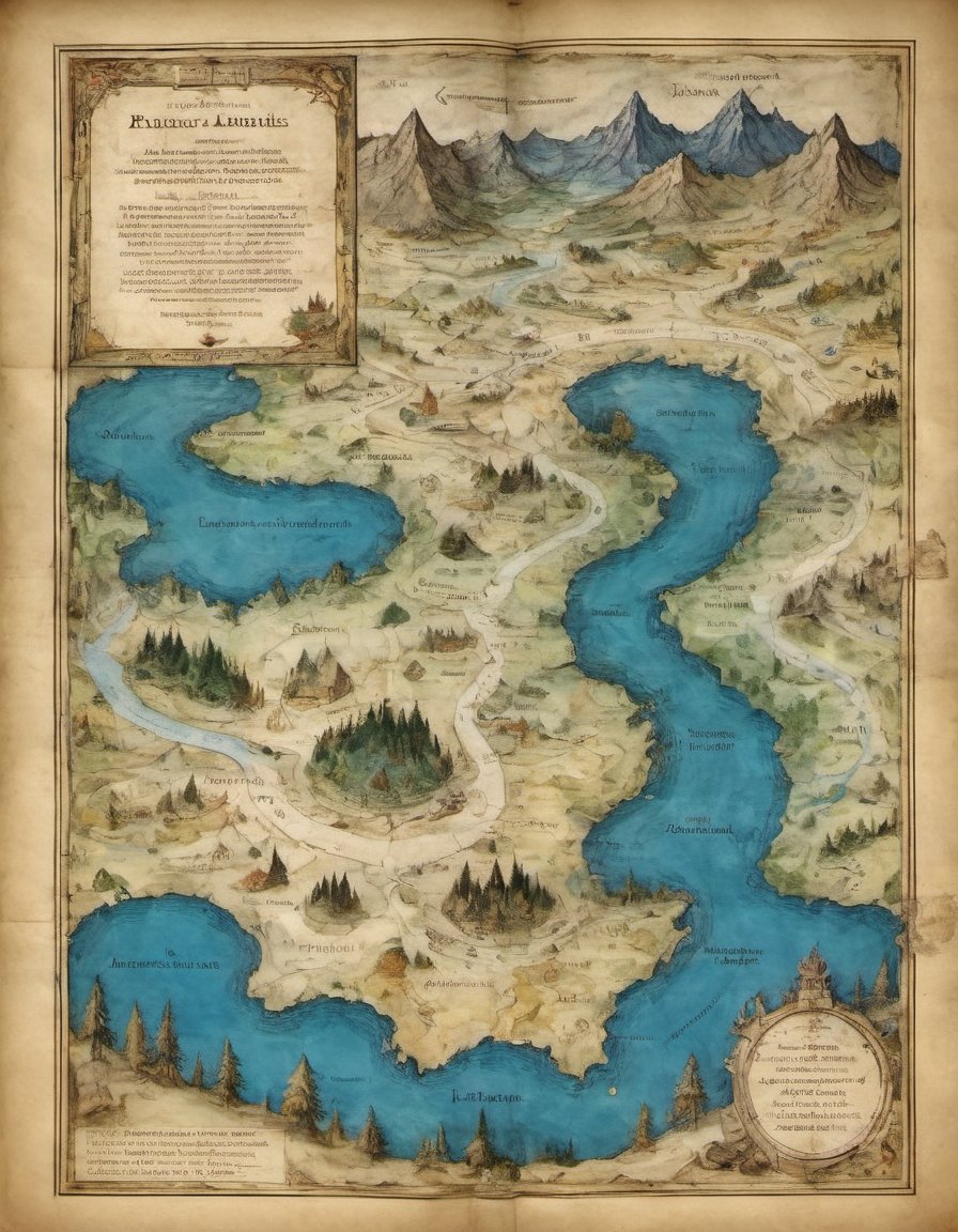 on parchment top-down view map with elaborate annotated roads and rivers pictographic depictions of forests and mountains and water and cities latitude and longitude lines