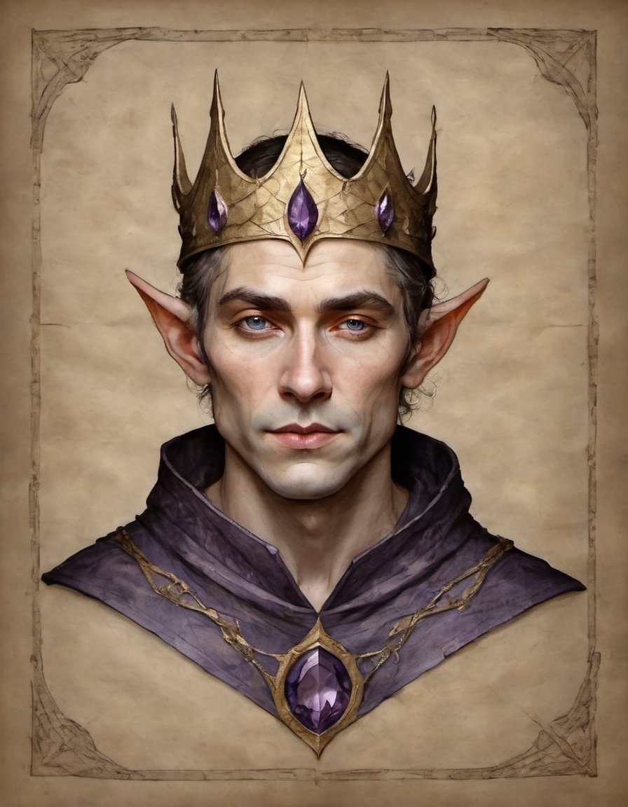 portrait on parchment of the elf king of a fantasy kingdom iron crown with inset amethysts and kintsugi repair lines pointed elven ears