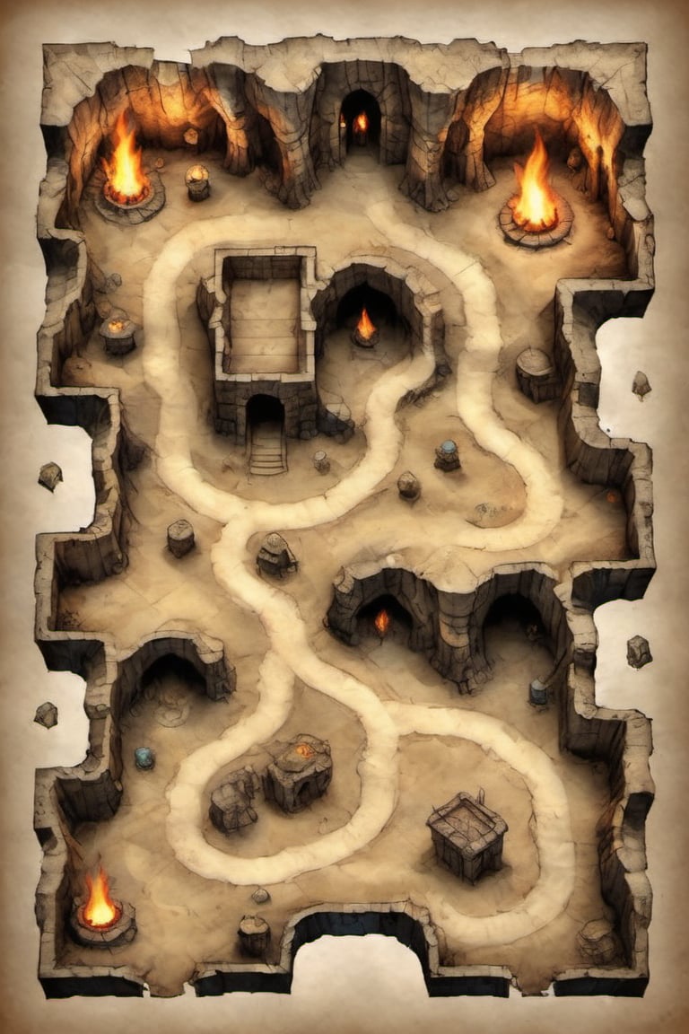 on parchment isometric subterranean mountain caves rpg battle map straight paths geometric wall torches many alcoves and hidden treasure and treasure chests lurking monsters