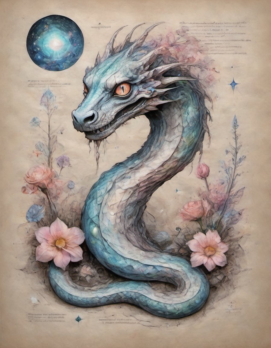 on parchment a hyper-real full-body photo portrait of a hauntingly beautiful pale pastel rainbow scaled sky serpent with huge watery eyes sorrow flowers and crystalline structures, photo real pastel galaxy stars