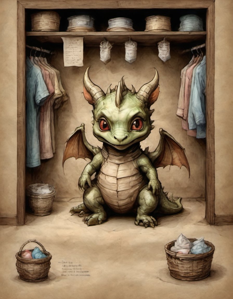 on parchment there's a real baby dragon in the closet at the bottom of a full clothes closet is a fierce cute baby dragon in a nest cinematic light a baby dragon in a closet beneath the hanging shirts and pants