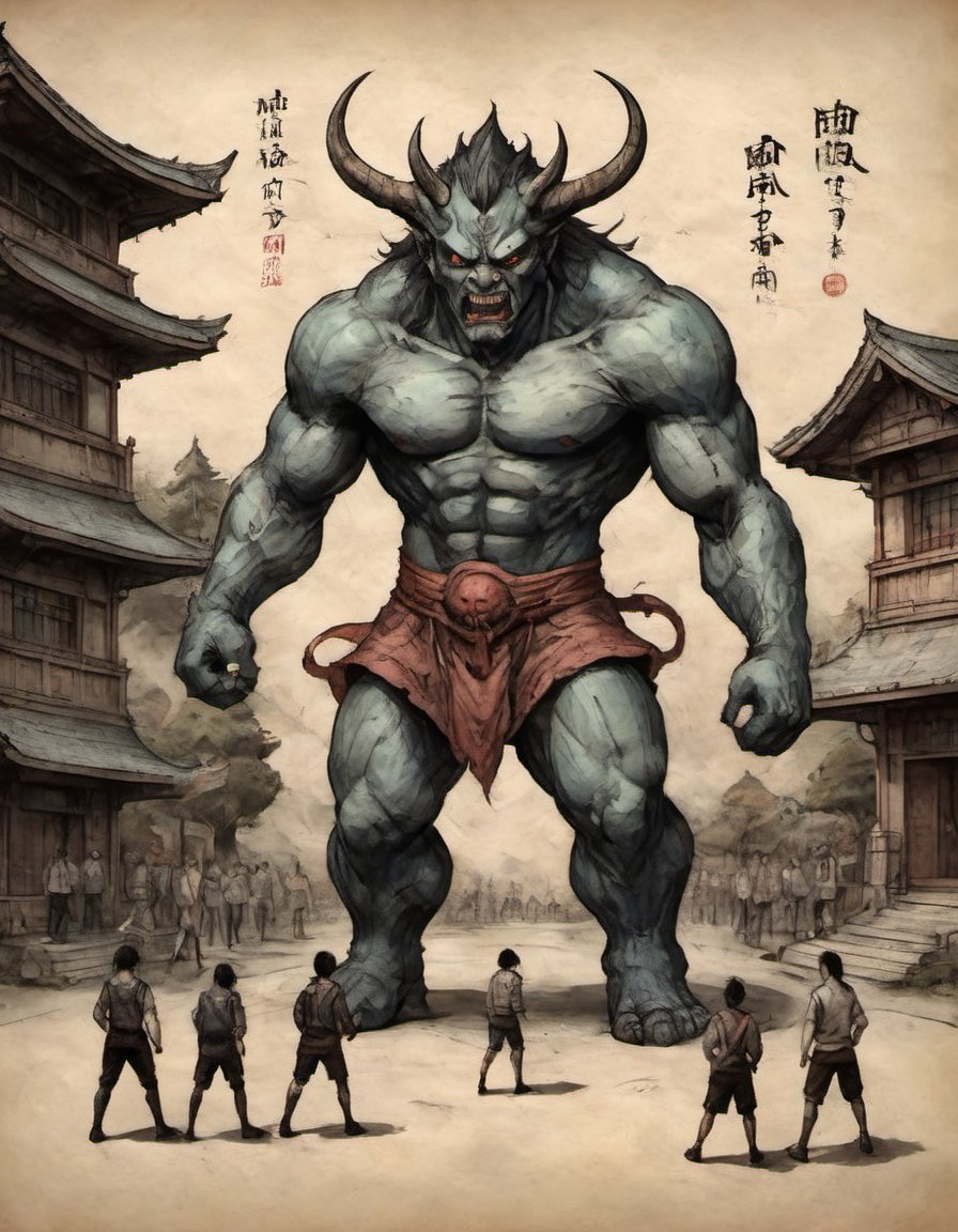 on parchment anime style illustration 3 high schoolers clash with giant oni in front of a japanese high school Shōnen art style scenery