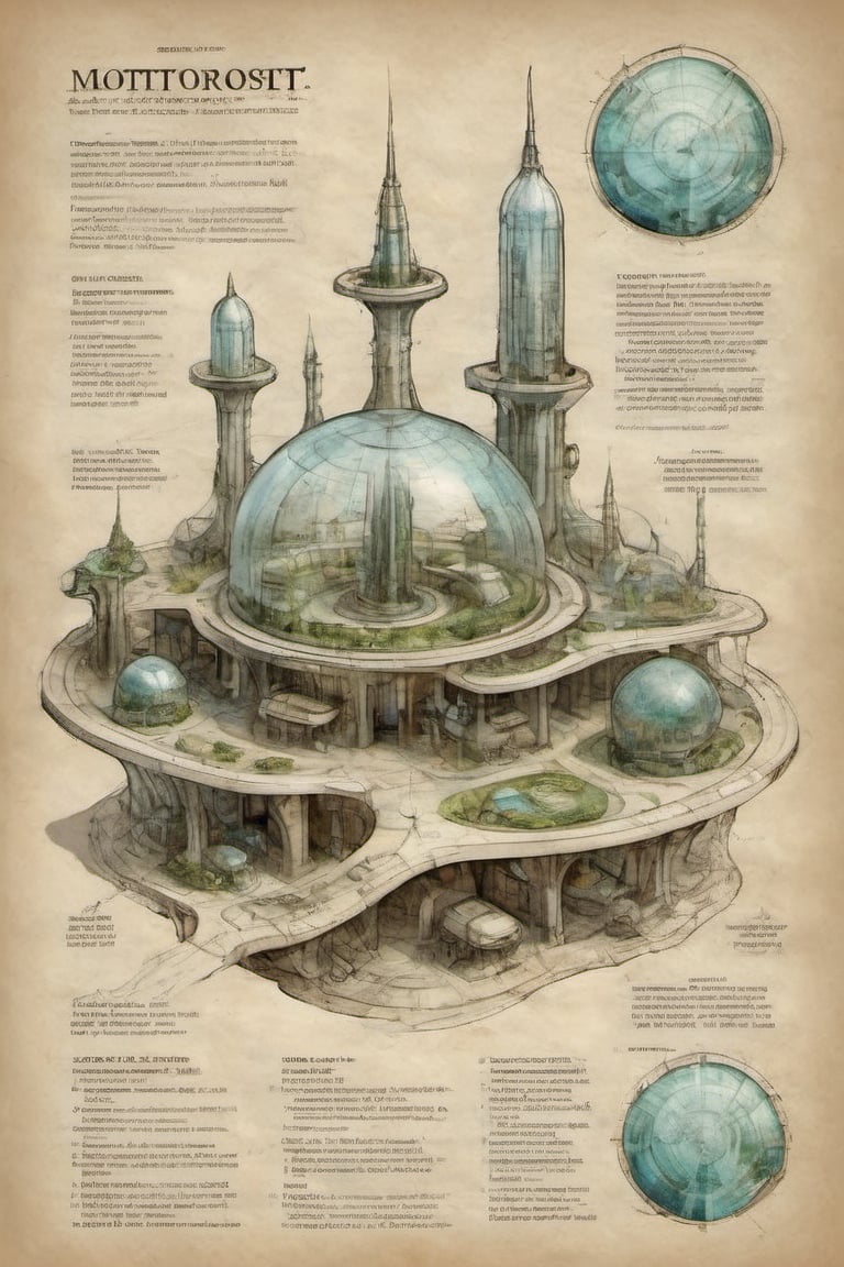 expert cartography well-planned futuristic city glass domes and hydroponics on a off-world outpost clean line art annotated mottled parchment