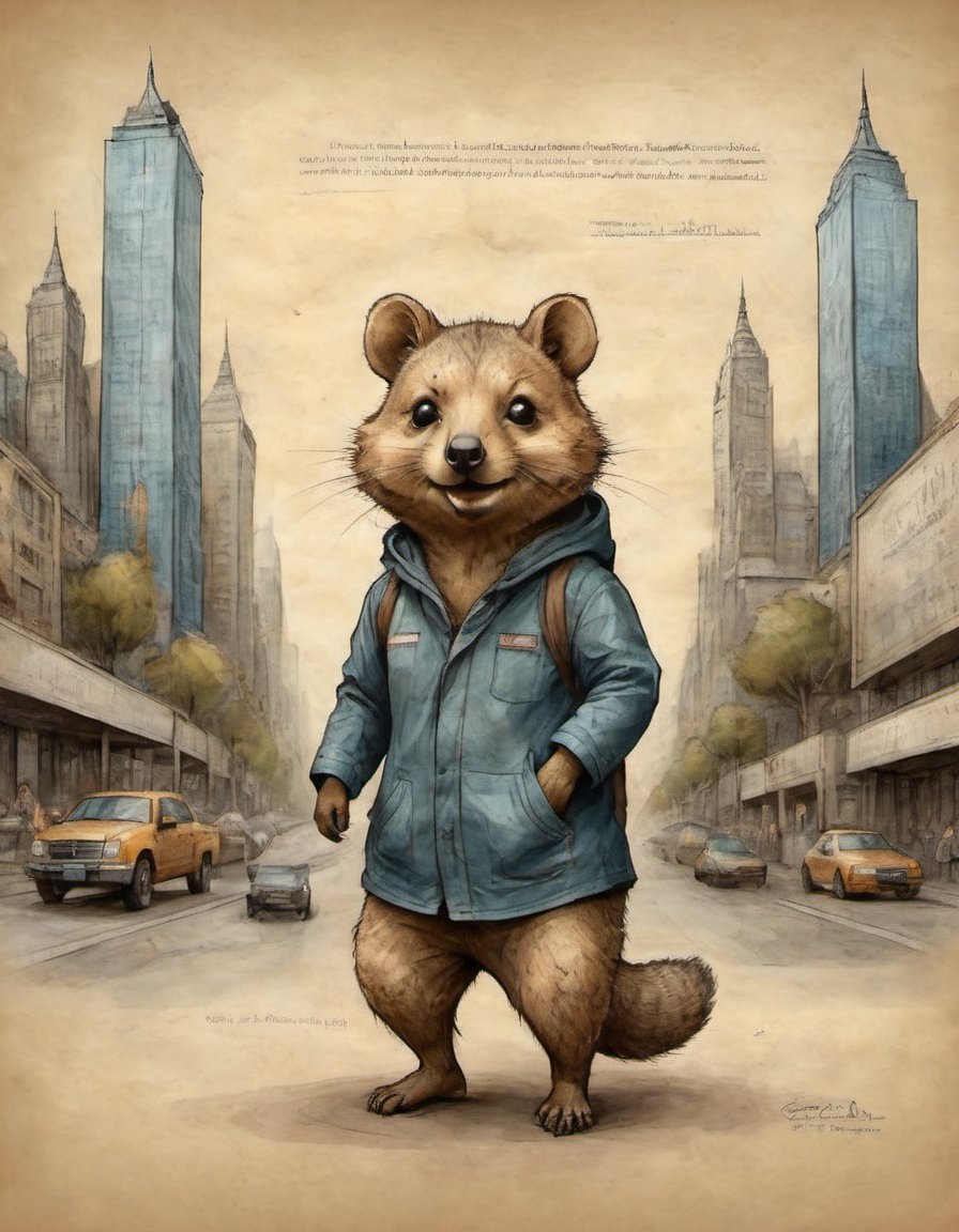 on parchment an adorable quokka taking a walk in a big city