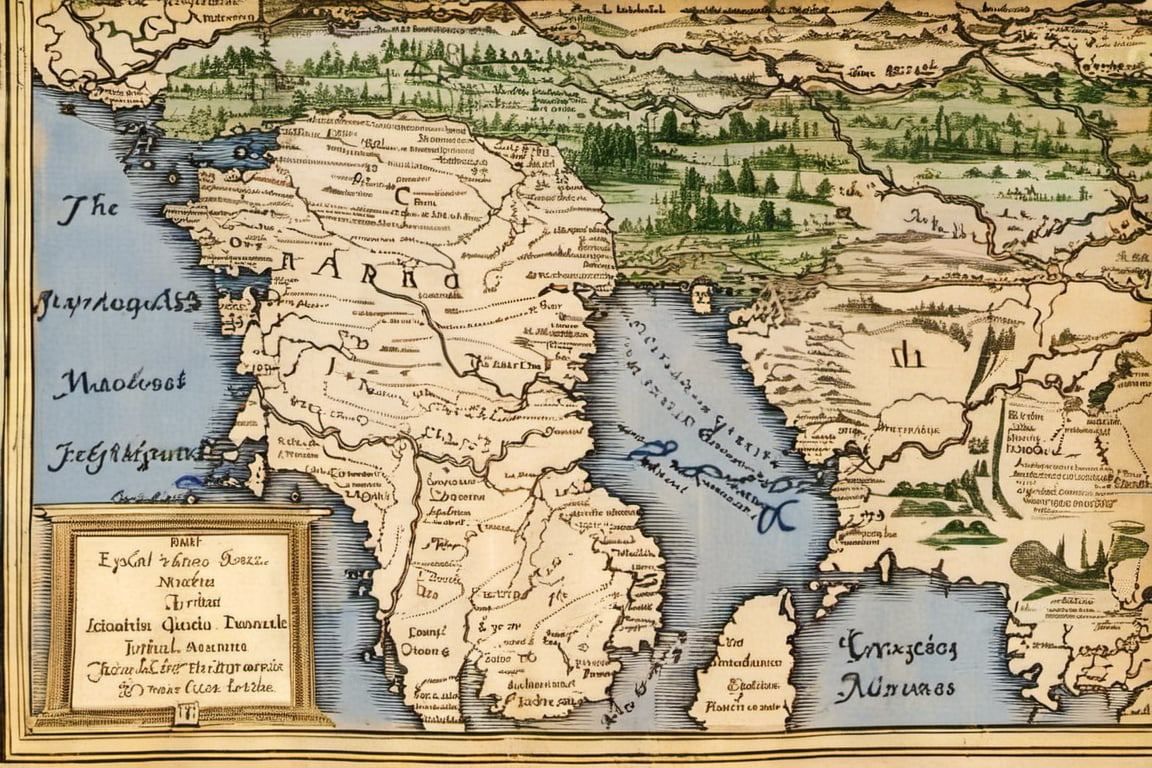 on parchment top-down view map with elaborate annotated roads and rivers pictographic depictions of forests and mountains and water and cities latitude and longitude lines