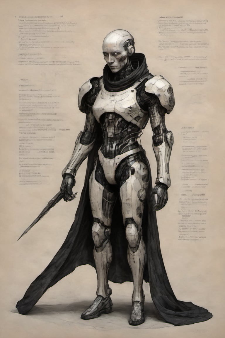 on parchment cyborg ith robe moody aesthetic by maciej kuciara black and color pencil and ink annotated illustration