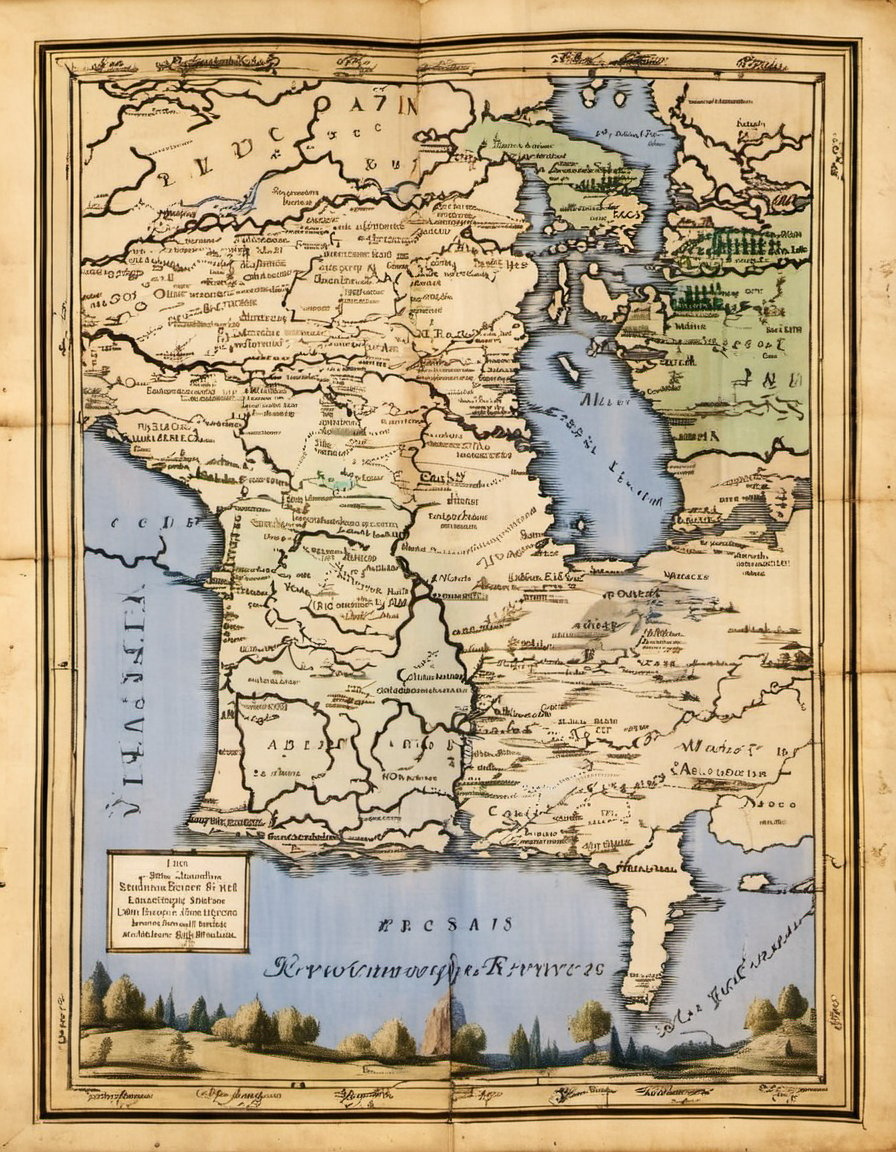 on parchment top-down view map with elaborate annotated roads and rivers pictographic depictions of forests and mountains and water and cities latitude and longitude lines