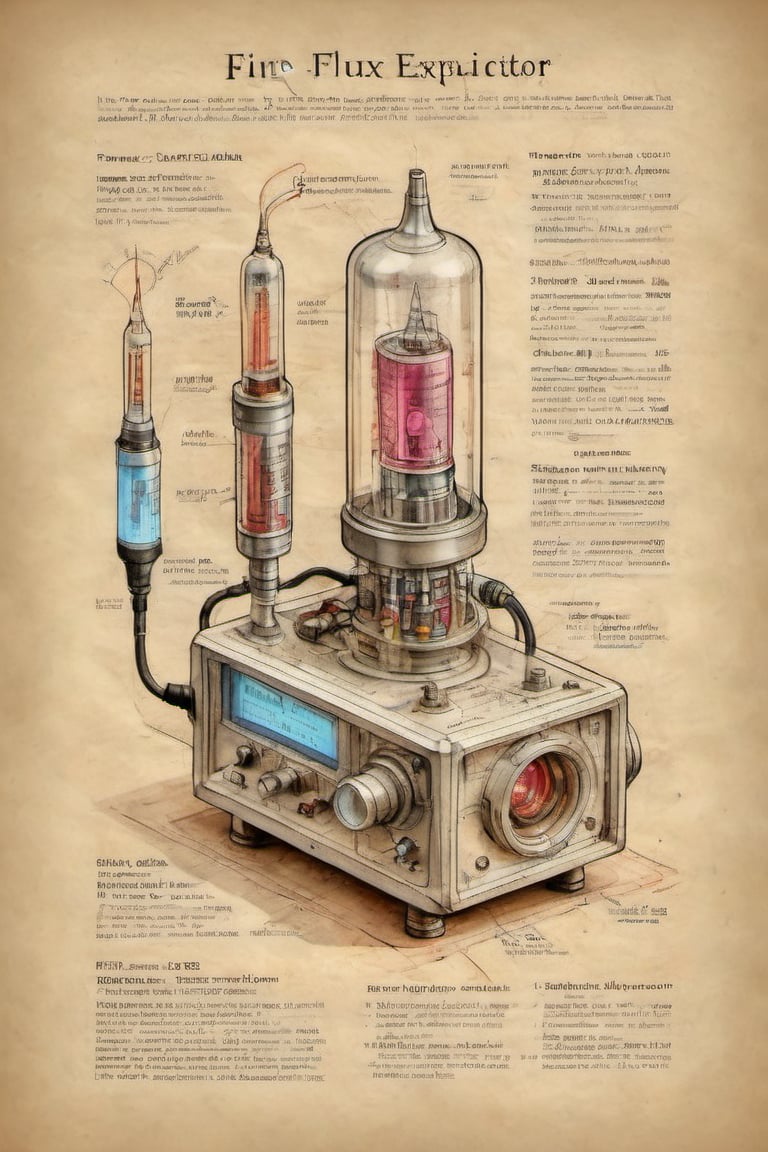 on parchment isometric diagram of a boxy flux capacitor with exposed vacuum tubes and an oscilloscope and digital display wiring electric glow color ink and pencil cutout and cross section details in the margins