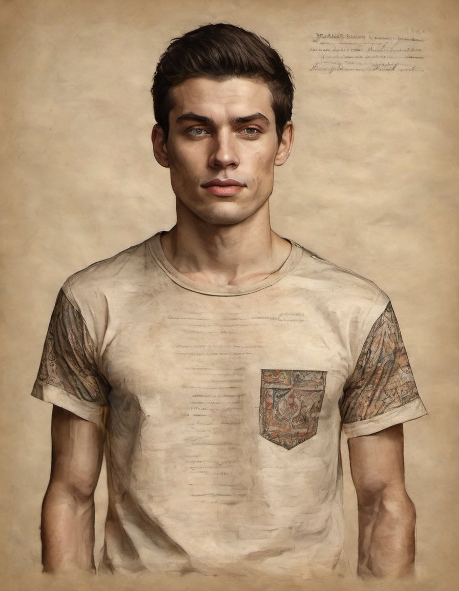 portrait on parchment of a male model wearing a patterned t-shirt