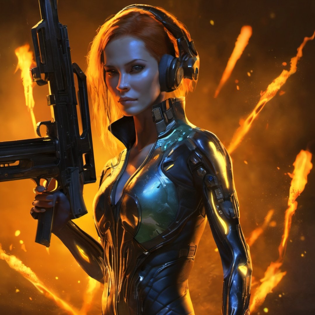 (best quality,masterpice)NightmareFlame, weapon, gun, solo, 1girl, alien, holding, holding weapon, ribs, signature, science fiction, holding gun, ass, <lora:EMS-21831-EMS:0.8>