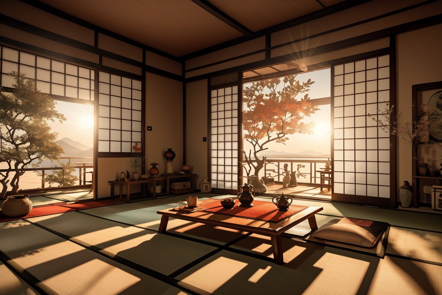 tatami, electric fan, no humans, scenery, sliding doors, shouji, sunset, cushion, indoors, zabuton, hand fan, tree, window, sunlight, architecture