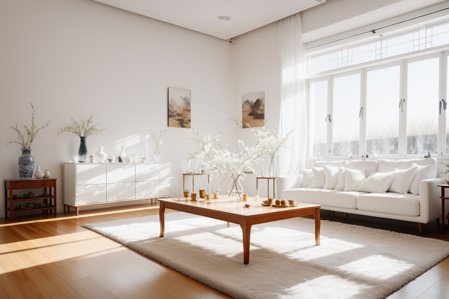  in the Pure white interior decoration, a pure white table, On the table stood two sculptures,the sunlight filled the room, There are 1 crabapple flowers in the vase.