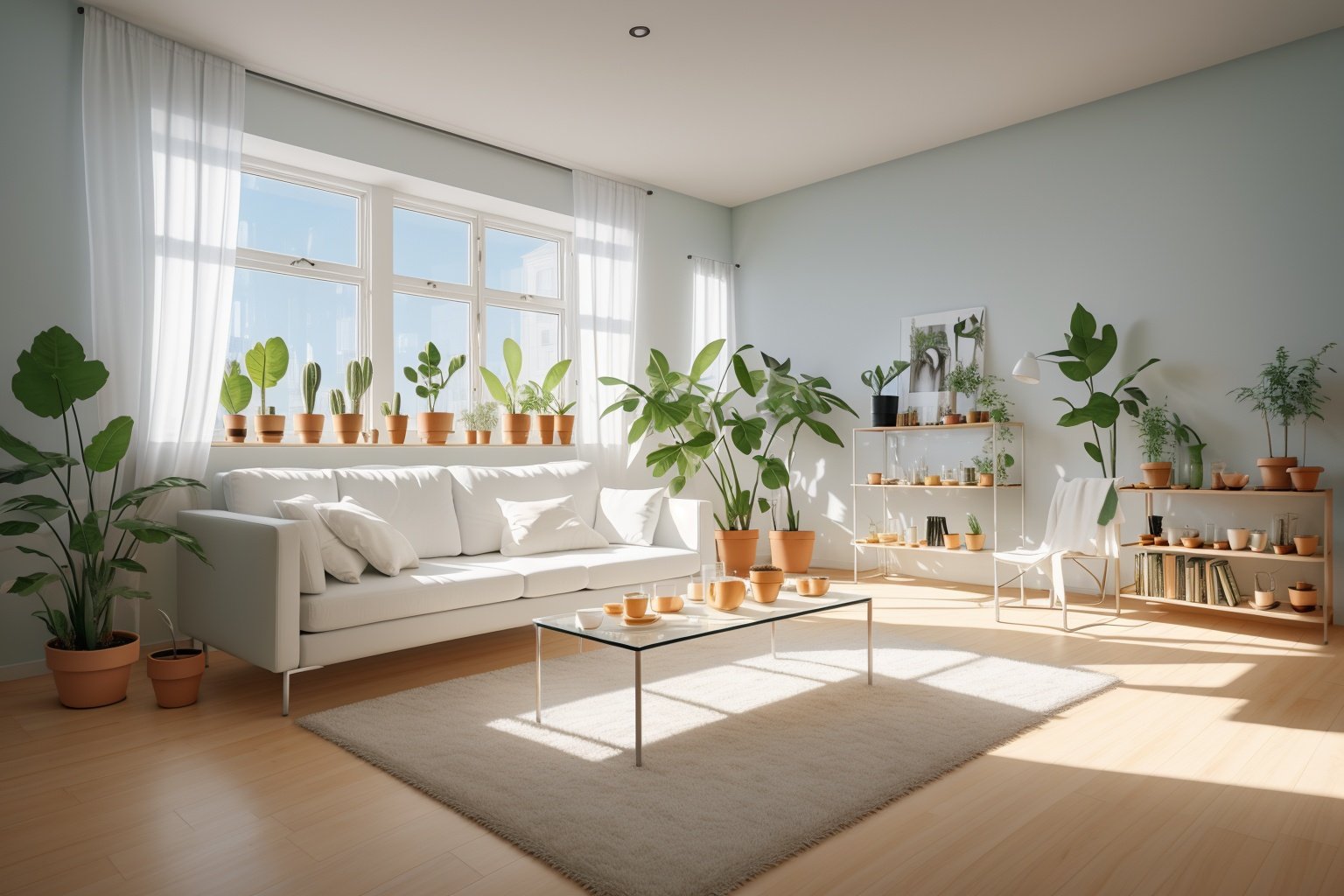 plant, potted plant, palm tree, couch, no humans, leaf, flower pot, scenery, tree, window, chair, vines, indoors, plate, vase, table, sunlight, cactus, day