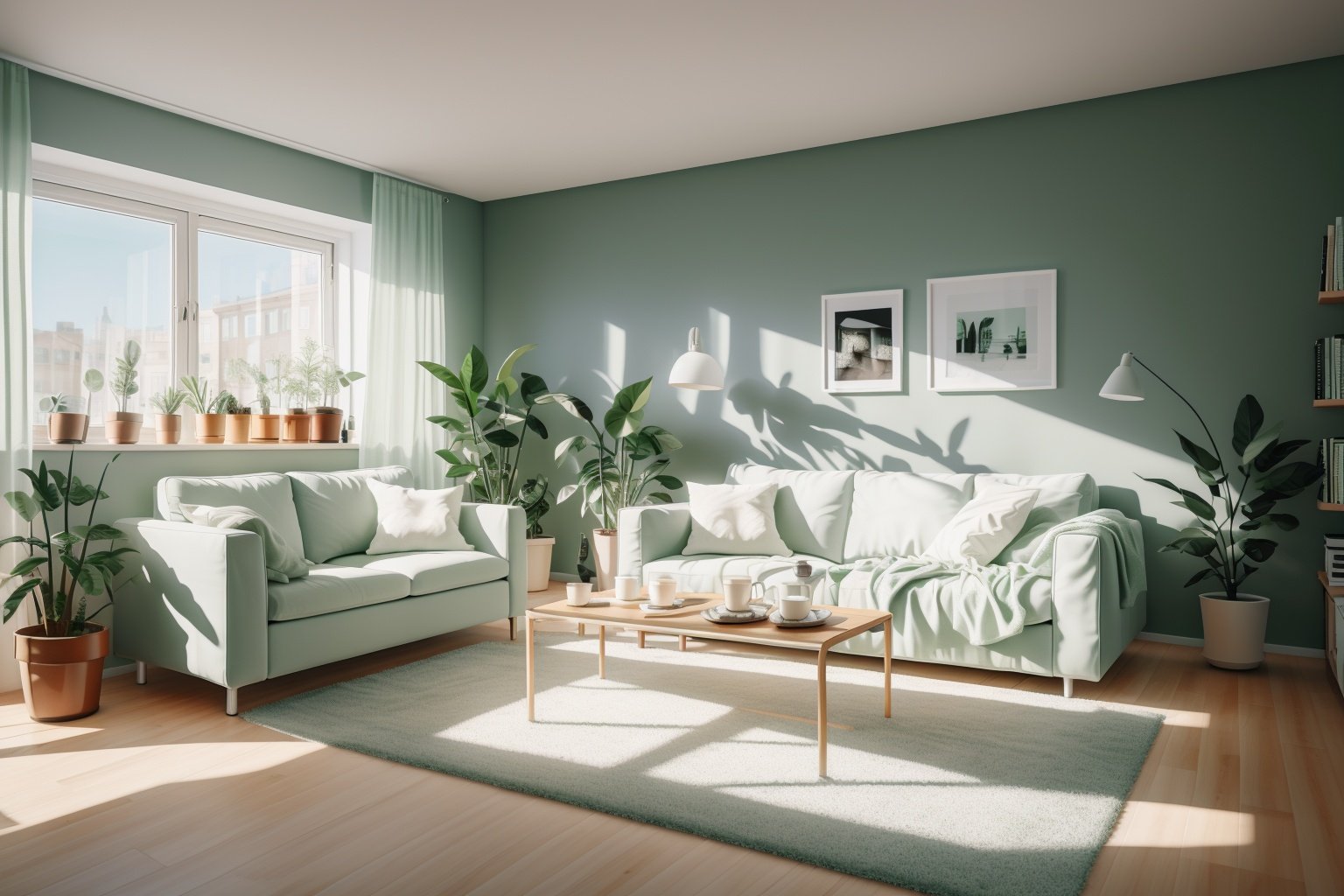 Interior design, couch, Potted plant, Coffee table, Light green wall, Ikea style, True light and shadow, UHD, high details, best quality, 4K