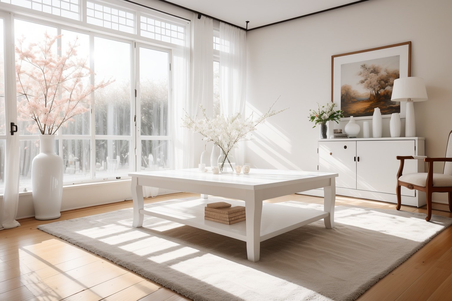  in the Pure white interior decoration, a pure white table, On the table stood two sculptures,the sunlight filled the room, There are 1 crabapple flowers in the vase.