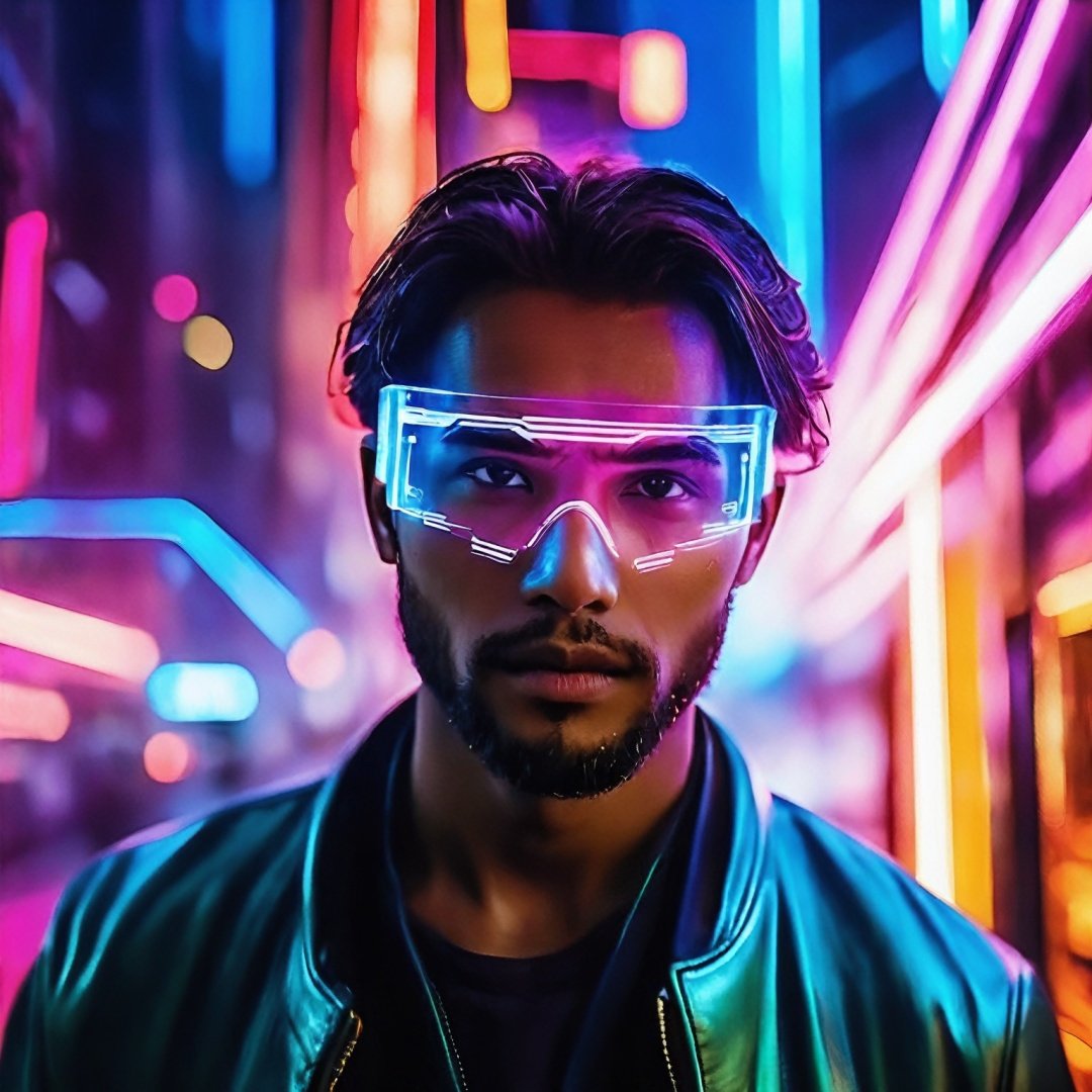 1girl, best quality, cyber poakl on eyes, The protagonist of this photograph is a cyberpunk-styled man, his image filled with futuristic features. His left eye is replaced by a mechanical eyepiece, emitting a subtle blue light. His face is illuminated by a soft glow, starkly contrasting the dim surroundings. His skin is bathed in dappled light and shadow, as if telling his story.

Behind him is a cityscape filled with neon lights and electronic billboards. Skyscrapers, drones, hovering cars, and various tech devices compose a futuristic picture. However, this world is also filled with chaos and uncertainty, a feeling that is highlighted in his eyes.

His gaze is deep and firm, seemingly telling us of his determination and courage. His eyes meet ours directly through the lens, as if challenging our gaze. It's a gaze full of power and resolve, impossible to ignore.

The colors of the photo are rich and vivid, very similar to Steve McCurry's style. The light and color in the photo are carefully processed to enhance the visual impact of the photo. At the same time, the details in the photo are carefully captured, showing the complexity and depth of the cyberpunk world.