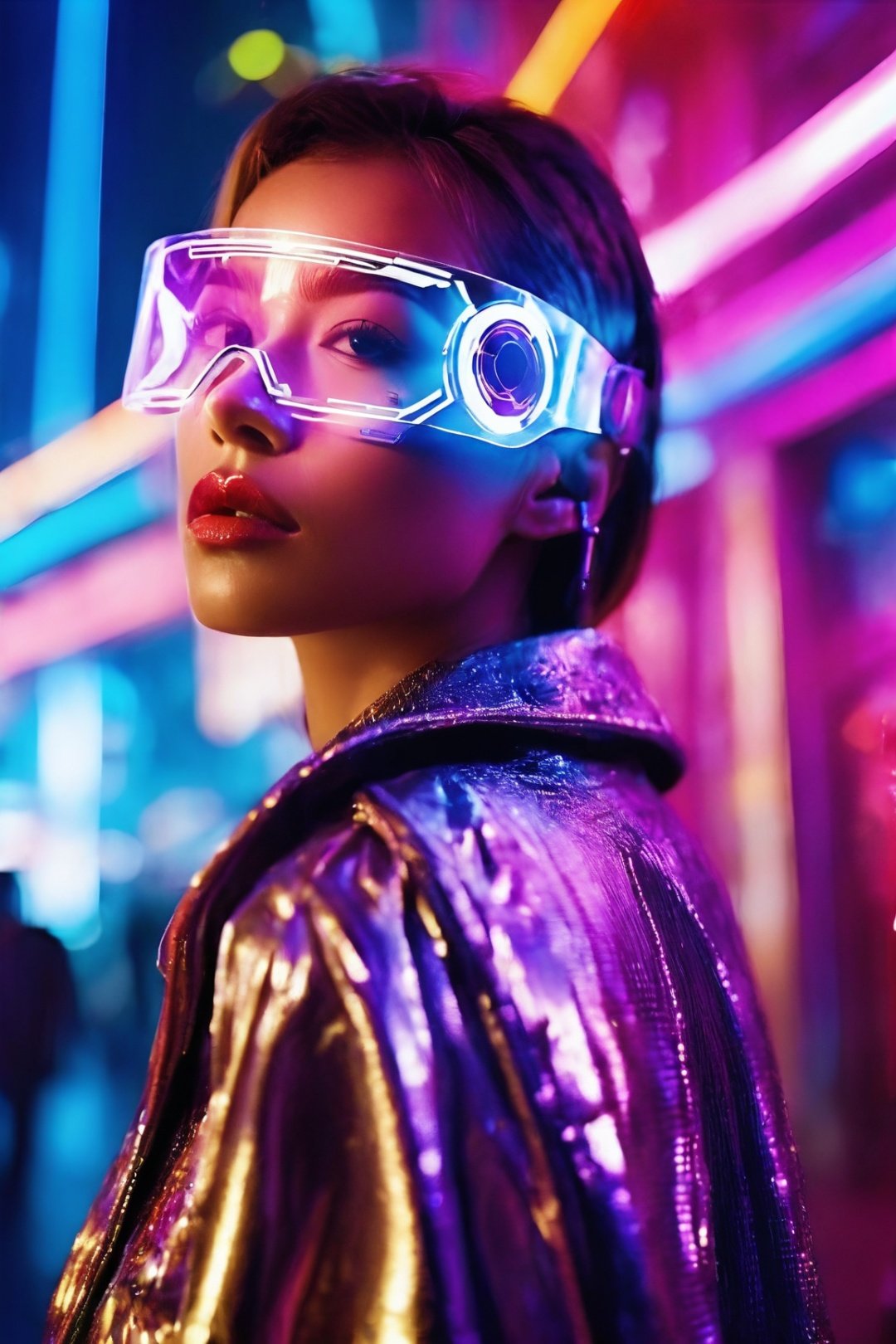 1girl, best quality, cyber poakl on eyes, This is a futuristic sci-fi photo. The woman in the photo is dressed in a stylish cyberpunk style, standing in a cityscape filled with a sense of technology. The photo adopts the shooting style of David LaChapelle, with bright colors and strong contrast. The woman's posture is confident and mysterious, the light shines on her face, making her features more unique. The depth of field treatment blurs the background, making people focus more on the theme.