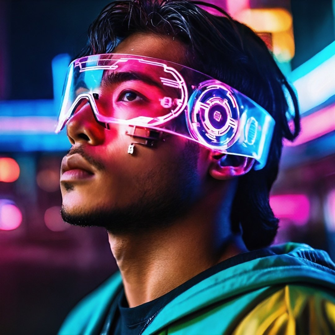 1girl, best quality, cyber poakl on eyes, The protagonist of this photograph is a cyberpunk-styled man, his image filled with futuristic features. His left eye is replaced by a mechanical eyepiece, emitting a subtle blue light. His face is illuminated by a soft glow, starkly contrasting the dim surroundings. His skin is bathed in dappled light and shadow, as if telling his story.

Behind him is a cityscape filled with neon lights and electronic billboards. Skyscrapers, drones, hovering cars, and various tech devices compose a futuristic picture. However, this world is also filled with chaos and uncertainty, a feeling that is highlighted in his eyes.

His gaze is deep and firm, seemingly telling us of his determination and courage. His eyes meet ours directly through the lens, as if challenging our gaze. It's a gaze full of power and resolve, impossible to ignore.

The colors of the photo are rich and vivid, very similar to Steve McCurry's style. The light and color in the photo are carefully processed to enhance the visual impact of the photo. At the same time, the details in the photo are carefully captured, showing the complexity and depth of the cyberpunk world.