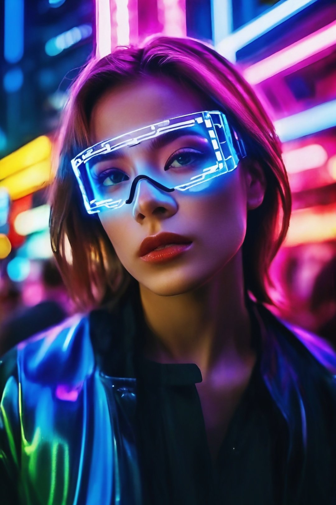 1girl, best quality, cyber poakl on eyes, In the photo, a mysterious woman leans against a skyscraper in a cyberpunk style, surrounded by busy streets and colorful neon lights. Her eyes are deep, as if exploring the secrets of this future world. The composition and lighting of the photo reveal the style of Annie Leibovitz, using carefully designed lighting and deep depth of field to present a dramatic and tense visual effect.