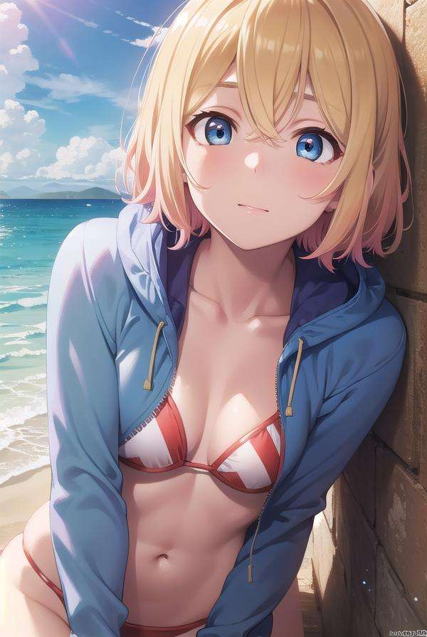 maminanami, <lora:maminanami-lora-nochekaiser:1>,mami nanami, short hair, blue eyes, blonde hair, hair between eyes, (small breasts:1.2),BREAK navel, jacket, swimsuit, bikini, white jacket, flag print, american flag bikini,BREAK looking at viewer, full body,BREAK outdoors, beachBREAK <lyco:GoodHands-beta2:1>, (masterpiece:1.2), best quality, high resolution, unity 8k wallpaper, (illustration:0.8), (beautiful detailed eyes:1.6), extremely detailed face, perfect lighting, extremely detailed CG, (perfect hands, perfect anatomy),