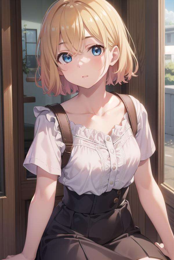 maminanami, <lora:maminanami-lora-nochekaiser:1>,mami nanami, short hair, blue eyes, blonde hair, hair between eyes, (small breasts:1.2),BREAK skirt, shirt, collarbone, white shirt, short sleeves, frills, shoes, socks, white socks, corset,BREAK looking at viewer, full body,BREAK outdoors,BREAK <lyco:GoodHands-beta2:1>, (masterpiece:1.2), best quality, high resolution, unity 8k wallpaper, (illustration:0.8), (beautiful detailed eyes:1.6), extremely detailed face, perfect lighting, extremely detailed CG, (perfect hands, perfect anatomy),