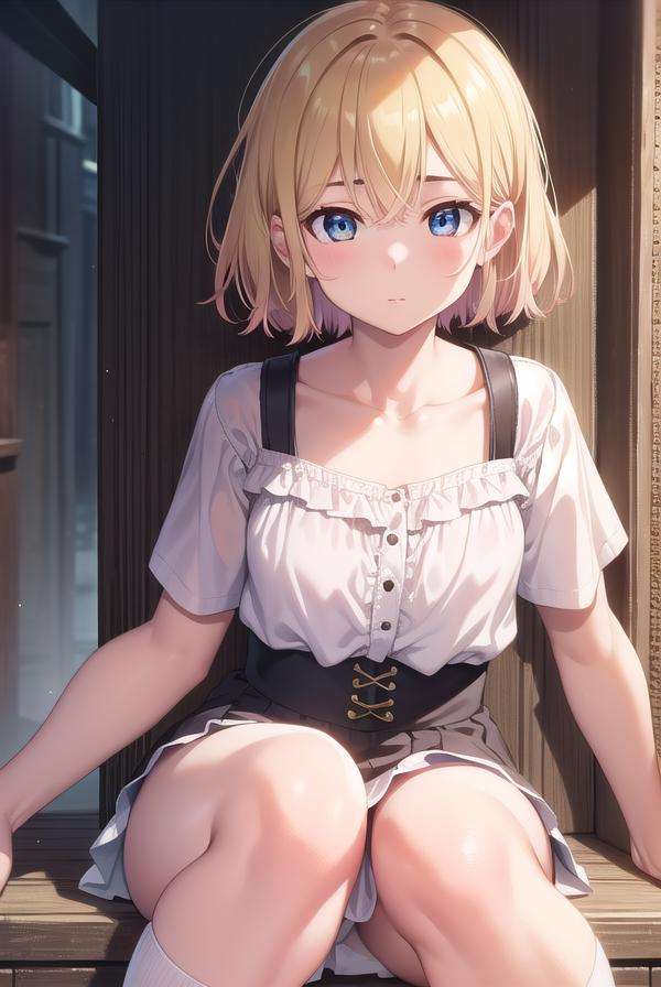 maminanami, <lora:maminanami-lora-nochekaiser:1>,mami nanami, short hair, blue eyes, blonde hair, hair between eyes, (small breasts:1.2),BREAK skirt, shirt, collarbone, white shirt, short sleeves, frills, shoes, socks, white socks, corset,BREAK looking at viewer, full body,BREAK outdoors,BREAK <lyco:GoodHands-beta2:1>, (masterpiece:1.2), best quality, high resolution, unity 8k wallpaper, (illustration:0.8), (beautiful detailed eyes:1.6), extremely detailed face, perfect lighting, extremely detailed CG, (perfect hands, perfect anatomy),