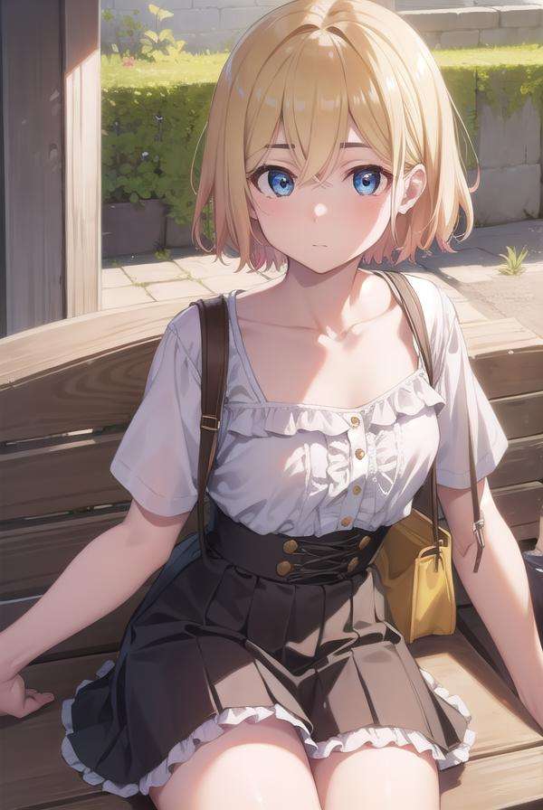 maminanami, <lora:maminanami-lora-nochekaiser:1>,mami nanami, short hair, blue eyes, blonde hair, hair between eyes, (small breasts:1.2),BREAK skirt, shirt, collarbone, white shirt, short sleeves, frills, shoes, socks, white socks, corset,BREAK looking at viewer, full body,BREAK outdoors,BREAK <lyco:GoodHands-beta2:1>, (masterpiece:1.2), best quality, high resolution, unity 8k wallpaper, (illustration:0.8), (beautiful detailed eyes:1.6), extremely detailed face, perfect lighting, extremely detailed CG, (perfect hands, perfect anatomy),