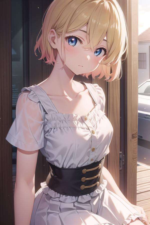 maminanami, <lora:maminanami-lora-nochekaiser:1>,mami nanami, short hair, blue eyes, blonde hair, hair between eyes, (small breasts:1.2),BREAK skirt, shirt, collarbone, white shirt, short sleeves, frills, shoes, socks, white socks, corset,BREAK looking at viewer, full body,BREAK outdoors,BREAK <lyco:GoodHands-beta2:1>, (masterpiece:1.2), best quality, high resolution, unity 8k wallpaper, (illustration:0.8), (beautiful detailed eyes:1.6), extremely detailed face, perfect lighting, extremely detailed CG, (perfect hands, perfect anatomy),