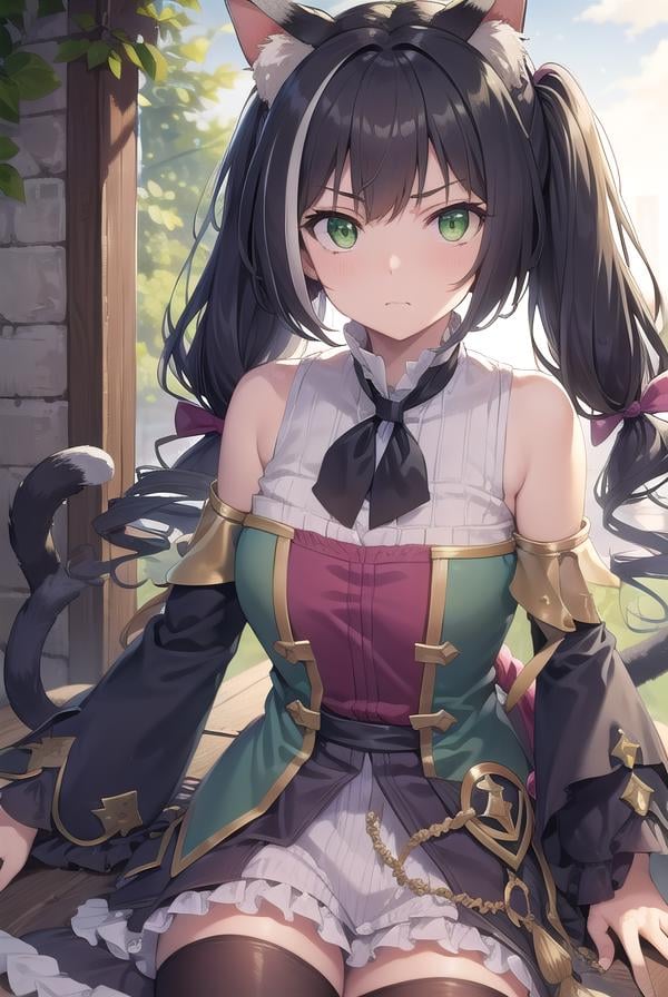 karyl, <lora:karyltest:1>, karyl, animal ear fluff, animal ears, black hair, black ribbon, cat ears, cat girl, cat tail, fang, (green eyes:1.5), hair bow, long hair, low twintails, multicolored hair, purple bow, ribbon, skin fang, streaked hair, tail, twintails, vertical stripes, white hair, (flat chest:1.2),BREAK arm support, bare shoulders, blue sleeves, bow, brooch, detached sleeves, dress, frilled sleeves, frills, multicolored clothes, multicolored dress, neck ribbon, sleeveless, sleeveless dress, striped,,BREAK looking at viewer,BREAK outdoors, city,BREAK <lora:GoodHands-vanilla:1>, (masterpiece:1.2), best quality, high resolution, unity 8k wallpaper, (illustration:0.8), (beautiful detailed eyes:1.6), extremely detailed face, perfect lighting, extremely detailed CG, (perfect hands, perfect anatomy),