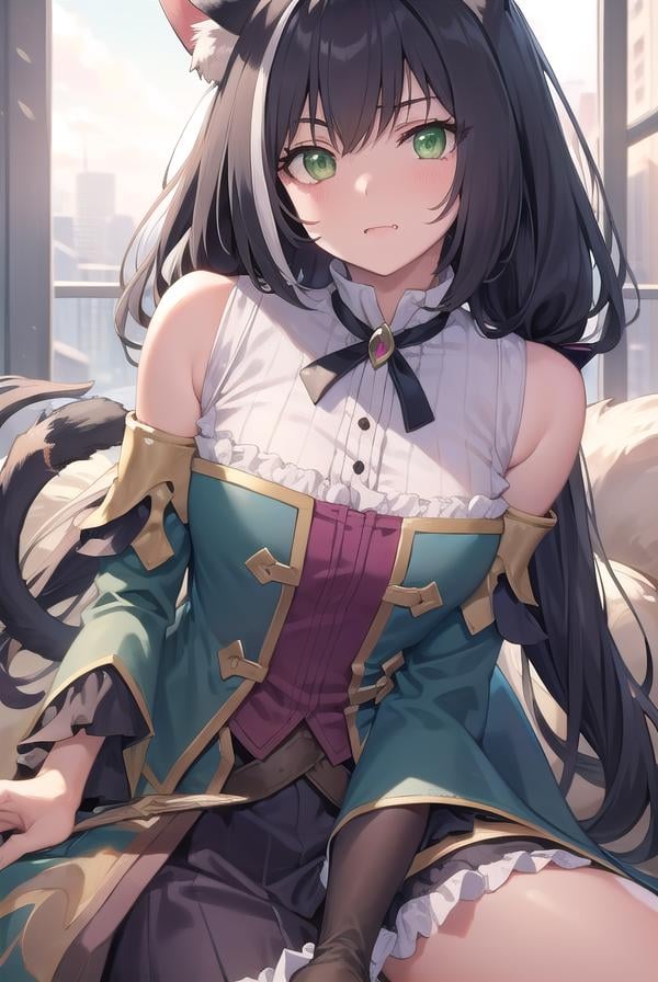 karyl, <lora:karyltest:1>, karyl, animal ear fluff, animal ears, black hair, black ribbon, cat ears, cat girl, cat tail, fang, (green eyes:1.5), hair bow, long hair, low twintails, multicolored hair, purple bow, ribbon, skin fang, streaked hair, tail, twintails, vertical stripes, white hair, (flat chest:1.2),BREAK arm support, bare shoulders, blue sleeves, bow, brooch, detached sleeves, dress, frilled sleeves, frills, multicolored clothes, multicolored dress, neck ribbon, sleeveless, sleeveless dress, striped,,BREAK looking at viewer,BREAK outdoors, city,BREAK <lora:GoodHands-vanilla:1>, (masterpiece:1.2), best quality, high resolution, unity 8k wallpaper, (illustration:0.8), (beautiful detailed eyes:1.6), extremely detailed face, perfect lighting, extremely detailed CG, (perfect hands, perfect anatomy),