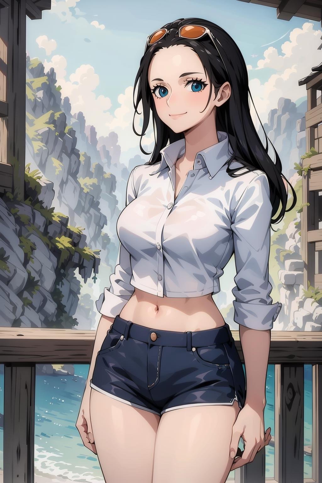 <lora:robin:1>best quality, masterpiece,1girl,  white  shirt, short  shorts