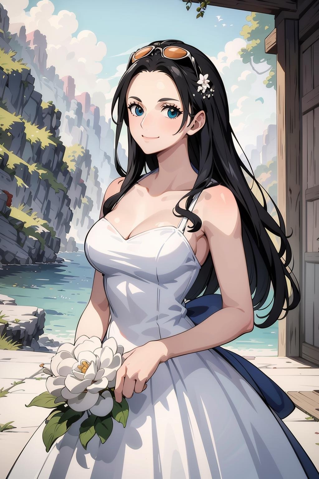 <lora:robin:1>best quality, masterpiece,1girl,wedding dress,holding flowers