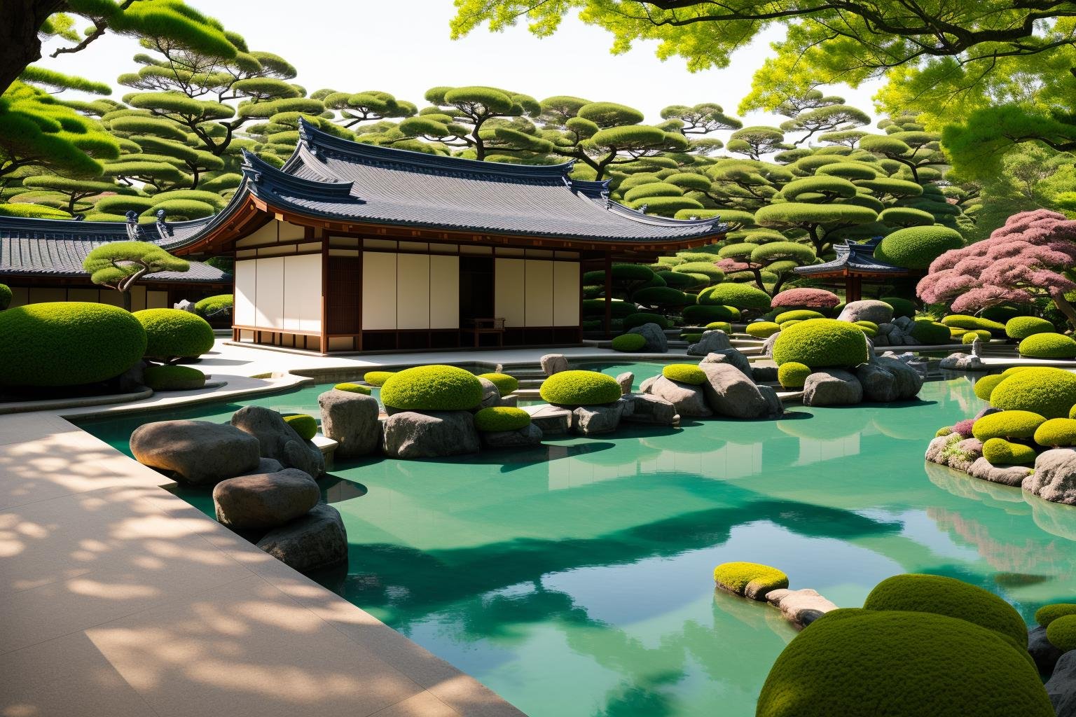 A breathtaking view of the renowned Japanese villa's exterior surrounded by tranquil waters, reflecting its elegance and grandeur. The illustrious villa stands amidst lush greenery, reminiscent of traditional Japanese gardens. The art form chosen for this depiction is photography, captured with a 35mm lens, bringing the exquisite details to life. The color temperature is cool, enhancing the serene ambiance. A subtle smile graces the face of a person standing by, admiring the view. Soft, natural lighting gently illuminates the scene, creating an atmosphere of tranquility and nostalgia