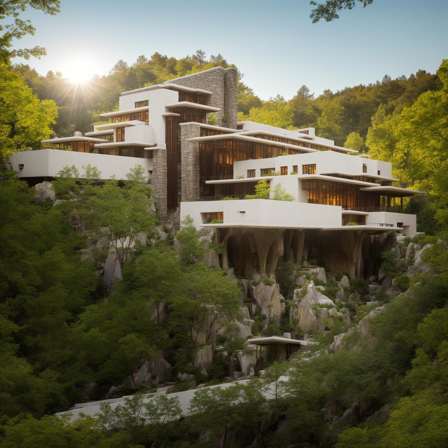 ((A photography showcase of Fallingwater, the iconic architecture by Frank Lloyd Wright located in Mill Run, Pennsylvania. Through the lens of Ansel Adams, using a 35mm lens, the scene captures the house’s unique cantilevered terraces amidst the verdant forest. The color temperature exudes a cool blueish tint. No facial expressions as the primary focus is on the structure. Ambient light from the sun provides a gentle glow to the scene, casting soft shadows. The atmosphere is serene and timeless))Dive into the world of Photography that captures the essence of Frank Lloyd Wright's modern "Frank Lloyd Wright's modern style villa" with a focus on the architectural marvel of Fallingwater. Through a 35mm lens, witness the structure in intense clarity and sharpness. The image has a warm color temperature that highlights the building's iconic cascading forms. No facial expressions are present as the image focuses solely on architecture. The lighting is natural, with the sun casting soft shadows on the structure, giving depth and texture. The atmosphere feels serene and untouched by timeA modern house seamlessly integrates natural elements into its design. featuring a balcony adorned with lush greenery and a front yard that blends nature with the environment. Soft ambient lighting casts a warm and welcoming glow. Channeling the spirit of renowned architect Frank Lloyd Wright, this design showcases his signature organic architectural style. The medium for this artwork is an architectural blueprint rendered in high-definition 3D graphics, emphasizing every detail of the design. The color scheme mainly consists of earthy tones and various shades of green, enhancing the connection to nature