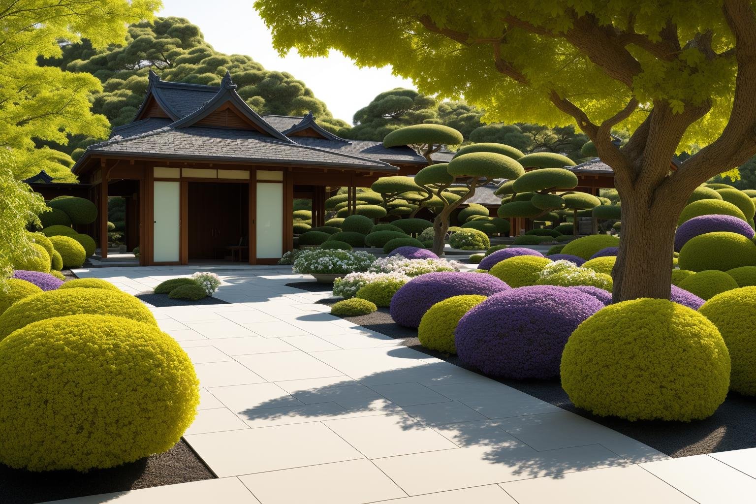 A tranquil garden scene featuring meticulously designed Japanese-style villa landscapes by renowned architects. This picturesque setting comes to life through the lens of photography, capturing the serene beauty of the gardens and architecture. The artist's inspiration is drawn from Ansel Adams, resulting in a masterfully composed black and white photograph that highlights the intricate details of the scene. Soft contrasts and a play of shadows create a sense of depth and calmness, with subtle facial expressions reflecting a sense of awe and appreciation. The lighting gently filters through the foliage, casting a warm, ethereal glow on the surroundings, evoking a contemplative atmosphere