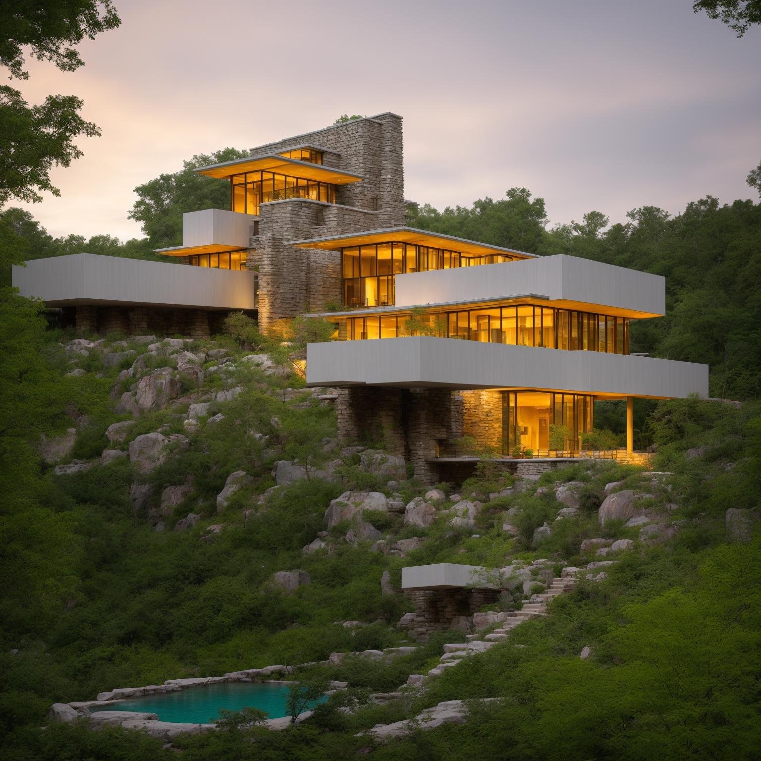 ((A photography showcase of Fallingwater, the iconic architecture by Frank Lloyd Wright located in Mill Run, Pennsylvania. Through the lens of Ansel Adams, using a 35mm lens, the scene captures the house’s unique cantilevered terraces amidst the verdant forest. The color temperature exudes a cool blueish tint. No facial expressions as the primary focus is on the structure. Ambient light from the sun provides a gentle glow to the scene, casting soft shadows. The atmosphere is serene and timeless))Dive into the world of Photography that captures the essence of Frank Lloyd Wright's modern "Frank Lloyd Wright's modern style villa" with a focus on the architectural marvel of Fallingwater. Through a 35mm lens, witness the structure in intense clarity and sharpness. The image has a warm color temperature that highlights the building's iconic cascading forms. No facial expressions are present as the image focuses solely on architecture. The lighting is natural, with the sun casting soft shadows on the structure, giving depth and texture. The atmosphere feels serene and untouched by timeA modern house seamlessly integrates natural elements into its design. featuring a balcony adorned with lush greenery and a front yard that blends nature with the environment. Soft ambient lighting casts a warm and welcoming glow. Channeling the spirit of renowned architect Frank Lloyd Wright, this design showcases his signature organic architectural style. The medium for this artwork is an architectural blueprint rendered in high-definition 3D graphics, emphasizing every detail of the design. The color scheme mainly consists of earthy tones and various shades of green, enhancing the connection to nature