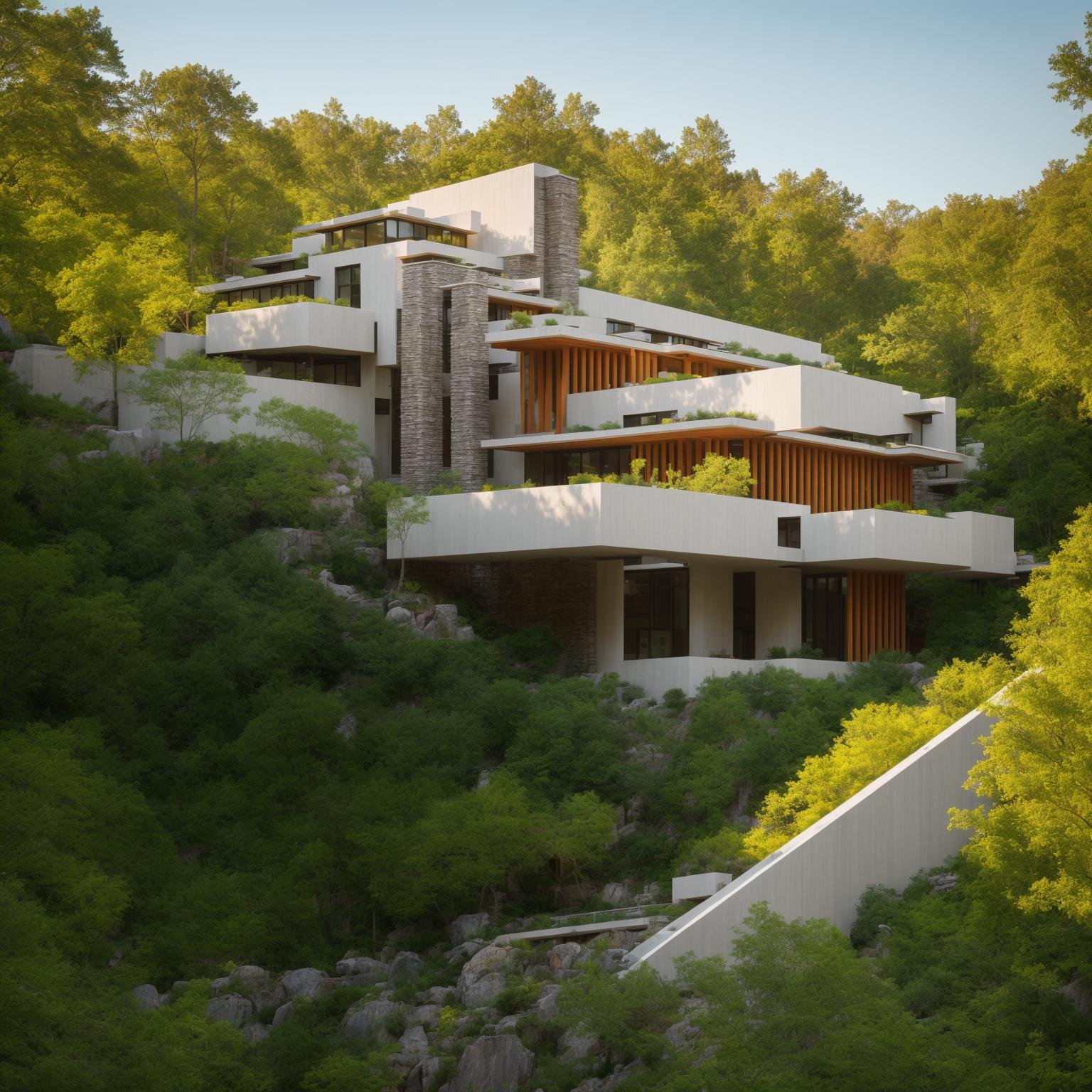 ((A photography showcase of Fallingwater, the iconic architecture by Frank Lloyd Wright located in Mill Run, Pennsylvania. Through the lens of Ansel Adams, using a 35mm lens, the scene captures the house’s unique cantilevered terraces amidst the verdant forest. The color temperature exudes a cool blueish tint. No facial expressions as the primary focus is on the structure. Ambient light from the sun provides a gentle glow to the scene, casting soft shadows. The atmosphere is serene and timeless))Dive into the world of Photography that captures the essence of Frank Lloyd Wright's modern "Frank Lloyd Wright's modern style villa" with a focus on the architectural marvel of Fallingwater. Through a 35mm lens, witness the structure in intense clarity and sharpness. The image has a warm color temperature that highlights the building's iconic cascading forms. No facial expressions are present as the image focuses solely on architecture. The lighting is natural, with the sun casting soft shadows on the structure, giving depth and texture. The atmosphere feels serene and untouched by timeA modern house seamlessly integrates natural elements into its design. featuring a balcony adorned with lush greenery and a front yard that blends nature with the environment. Soft ambient lighting casts a warm and welcoming glow. Channeling the spirit of renowned architect Frank Lloyd Wright, this design showcases his signature organic architectural style. The medium for this artwork is an architectural blueprint rendered in high-definition 3D graphics, emphasizing every detail of the design. The color scheme mainly consists of earthy tones and various shades of green, enhancing the connection to nature