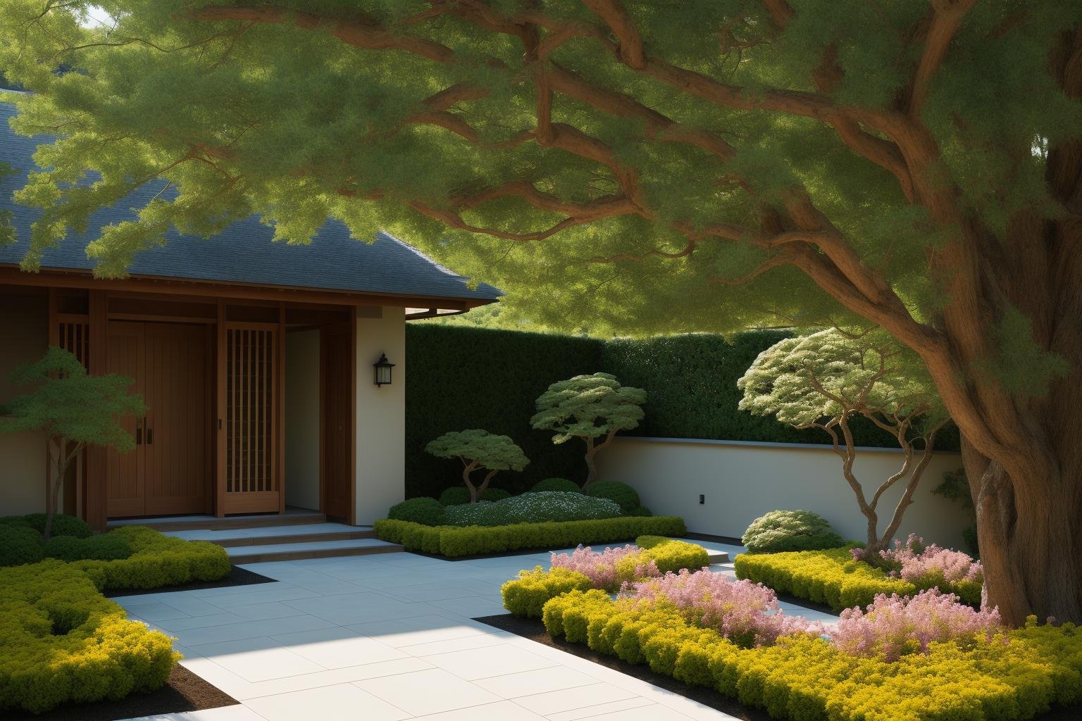 A tranquil garden scene featuring meticulously designed Japanese-style villa landscapes by renowned architects. This picturesque setting comes to life through the lens of photography, capturing the serene beauty of the gardens and architecture. The artist's inspiration is drawn from Ansel Adams, resulting in a masterfully composed black and white photograph that highlights the intricate details of the scene. Soft contrasts and a play of shadows create a sense of depth and calmness, with subtle facial expressions reflecting a sense of awe and appreciation. The lighting gently filters through the foliage, casting a warm, ethereal glow on the surroundings, evoking a contemplative atmosphere