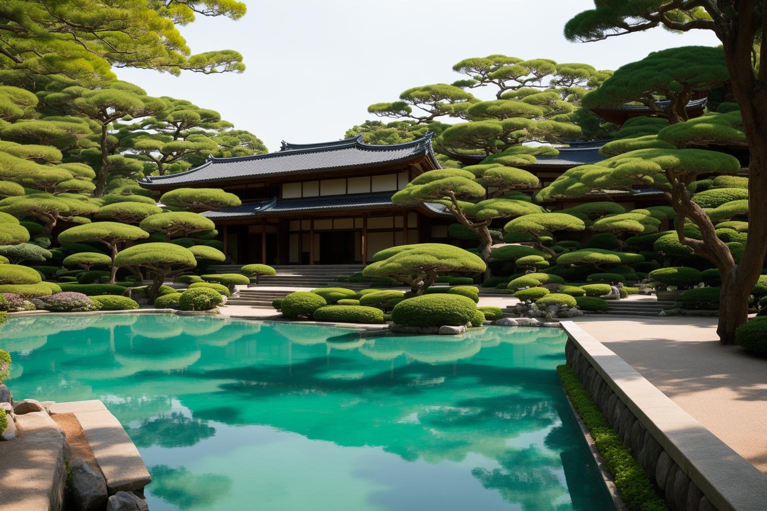 A breathtaking view of the renowned Japanese villa's exterior surrounded by tranquil waters, reflecting its elegance and grandeur. The illustrious villa stands amidst lush greenery, reminiscent of traditional Japanese gardens. The art form chosen for this depiction is photography, captured with a 35mm lens, bringing the exquisite details to life. The color temperature is cool, enhancing the serene ambiance. A subtle smile graces the face of a person standing by, admiring the view. Soft, natural lighting gently illuminates the scene, creating an atmosphere of tranquility and nostalgia