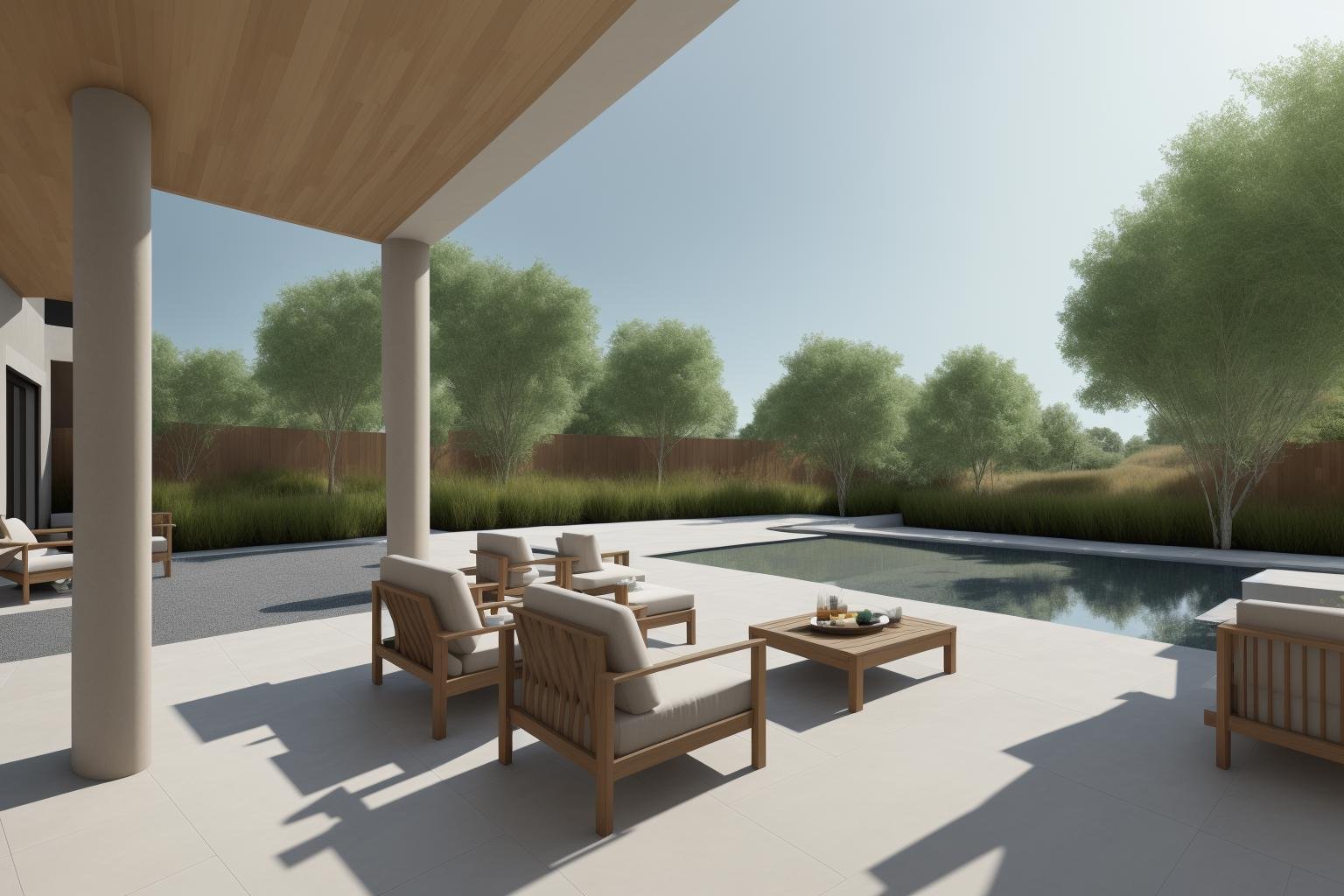 An expansive outdoor living space takes center stage in this digital rendering inspired by the artistic vision of An Zhengwen and the architectural inspiration of ArchDaily. The scene features a stone patio adorned with plush furniture, surrounded by towering trees that frame the background. A majestic tree graces the foreground, its sprawling branches casting dappled shadows across the patio. The digital rendering captures every intricate detail with photorealistic precision, showcasing the play of light and texture on surfaces. The color palette is a harmonious blend of natural hues, creating a serene and inviting ambiance. The lighting mimics the soft glow of late afternoon, highlighting the intricate interplay between light and shadow