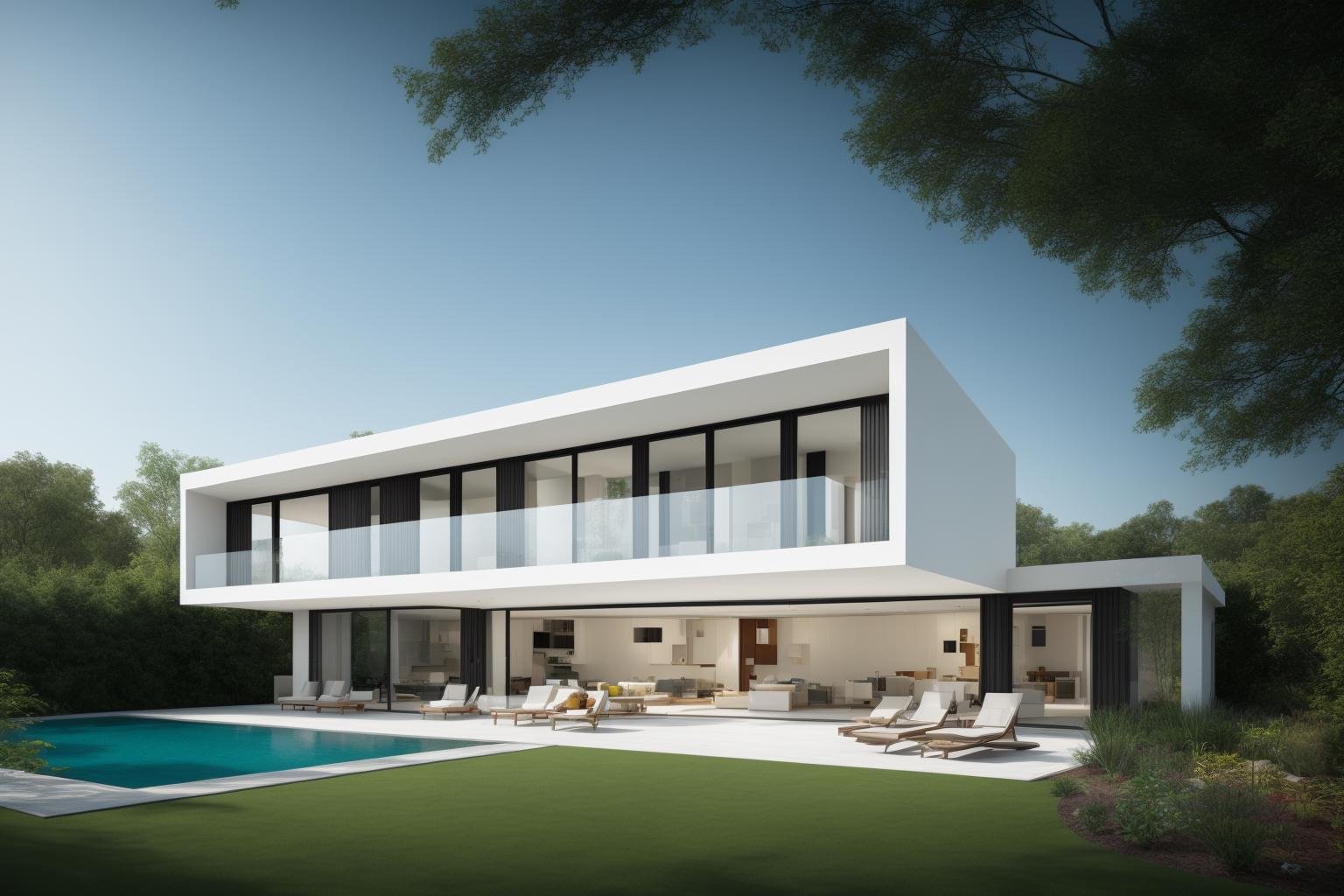 (exterior:1.4) A stunning digital illustration portraying a modern-style villa nestled alongside a serene river, designed by a renowned architect. Drawing inspiration from the works of Bjarke Ingels, the villa seamlessly blends with its surroundings. The illustration showcases the villa's unique architecture, with glass walls and open spaces that invite nature indoors. The color temperature is balanced, enhancing the harmony between the villa and the landscape. The residents' expressions radiate tranquility as they enjoy the waterfront view. Soft, natural lighting bathes the scene in a peaceful ambiance