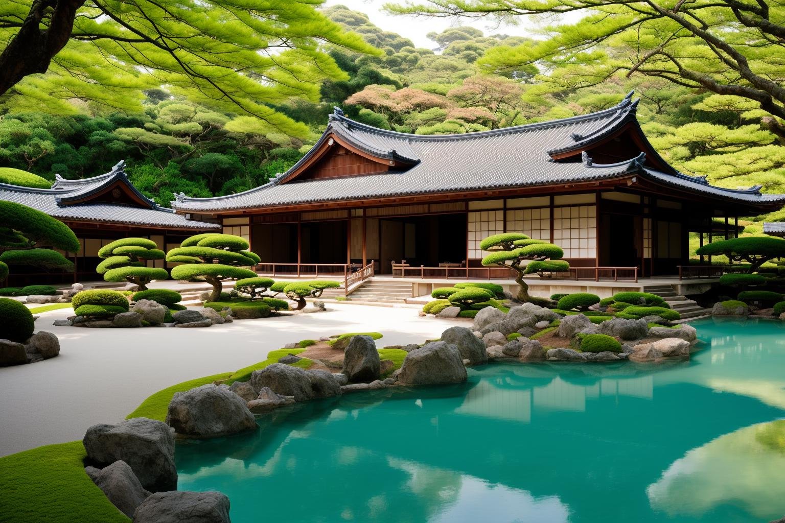 A breathtaking view of the renowned Japanese villa's exterior surrounded by tranquil waters, reflecting its elegance and grandeur. The illustrious villa stands amidst lush greenery, reminiscent of traditional Japanese gardens. The art form chosen for this depiction is photography, captured with a 35mm lens, bringing the exquisite details to life. The color temperature is cool, enhancing the serene ambiance. A subtle smile graces the face of a person standing by, admiring the view. Soft, natural lighting gently illuminates the scene, creating an atmosphere of tranquility and nostalgia